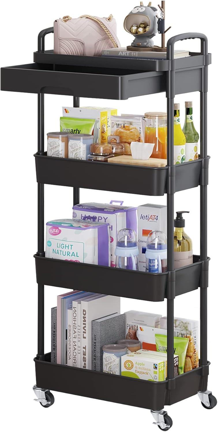 Calmootey 4-Tier Rolling Utility Cart with Drawer,Multifunctional Storage Organizer with Plastic Shelf & Metal Wheel,Storage Cart for Kitchen,Bathroom,Living Room,Office,Black
