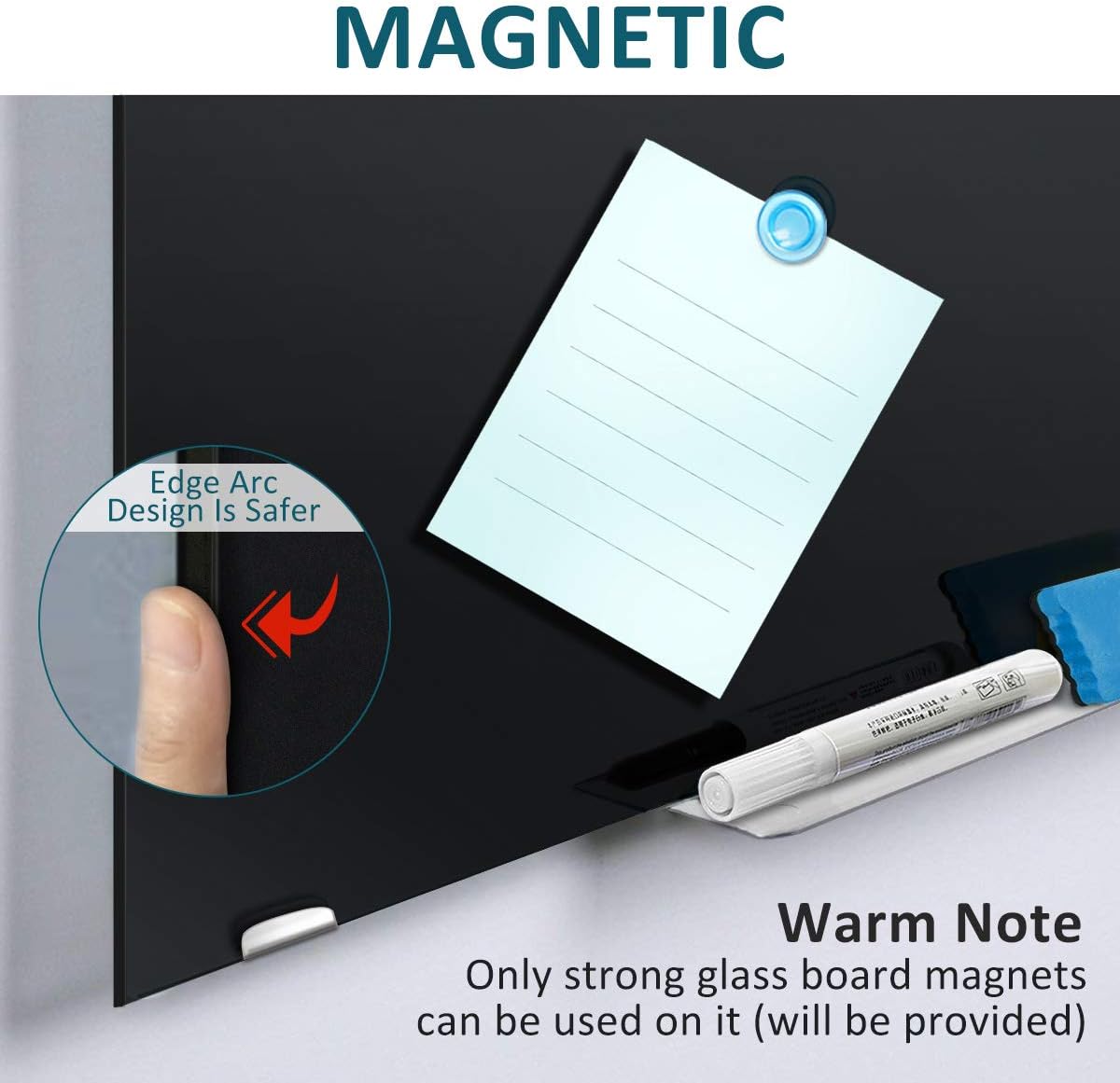 Black Dry Erase Board Magnetic Glass Board, 24x18 Tempered Glass Black Whiteboard for Wall, ZHIDIAN Glass Bulletin Board Framless Blackboard for Office, 2x1.5ft