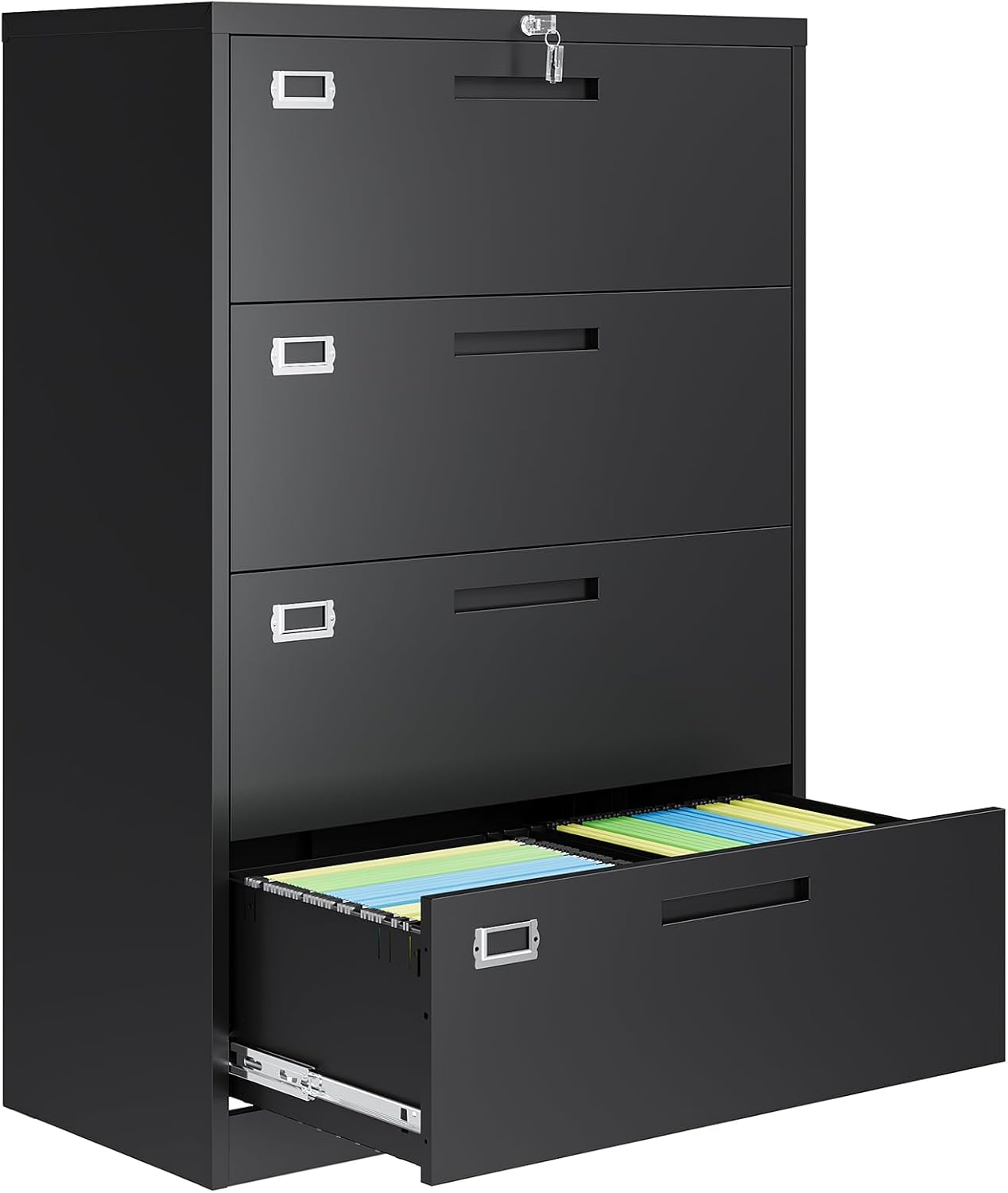 4 Drawer File Cabinets for Home Office, Metal Filing Cabinet with Lock, Black Locking File Caninet Four Drawer, Office Storage Caninets Steel Cabnet for Letter/Legal/A4/F4-Assembly Required