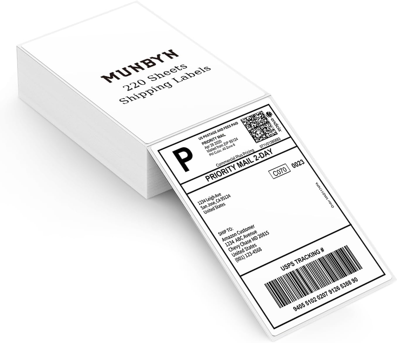 MUNBYN 4"x6" Direct Thermal Shipping Labels, Commercial Grade Permanent Adhesive Fanfold Mailing Postage Label Paper for Thermal Printers and Packages, 220 Sheets per Stack