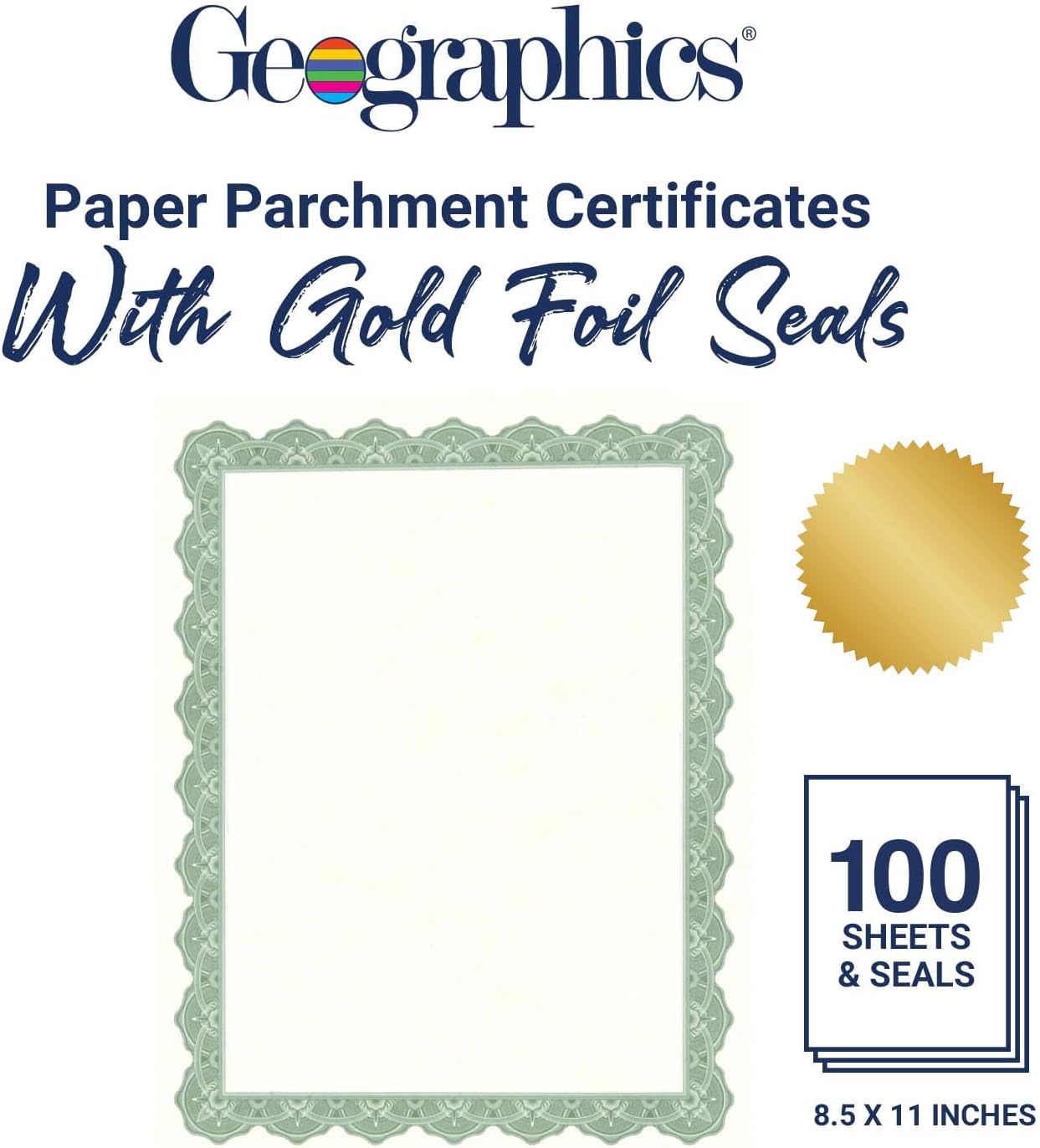 Recycled Blank Parchment Certificate Paper, 8.5 x 11, Optima Green with Gold Foil, Pack of 100 - Certificate Paper for Printing - Ideal Cardstock for Printers