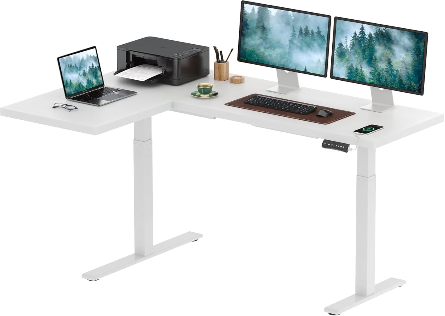 SANODESK 71-Inch Large Dual Motor L-Shaped Electric Height Adjustable Standing Desk - Reversible Panel - White Top/White Frame - Ideal for Gaming, Home Office or Computer Workstation