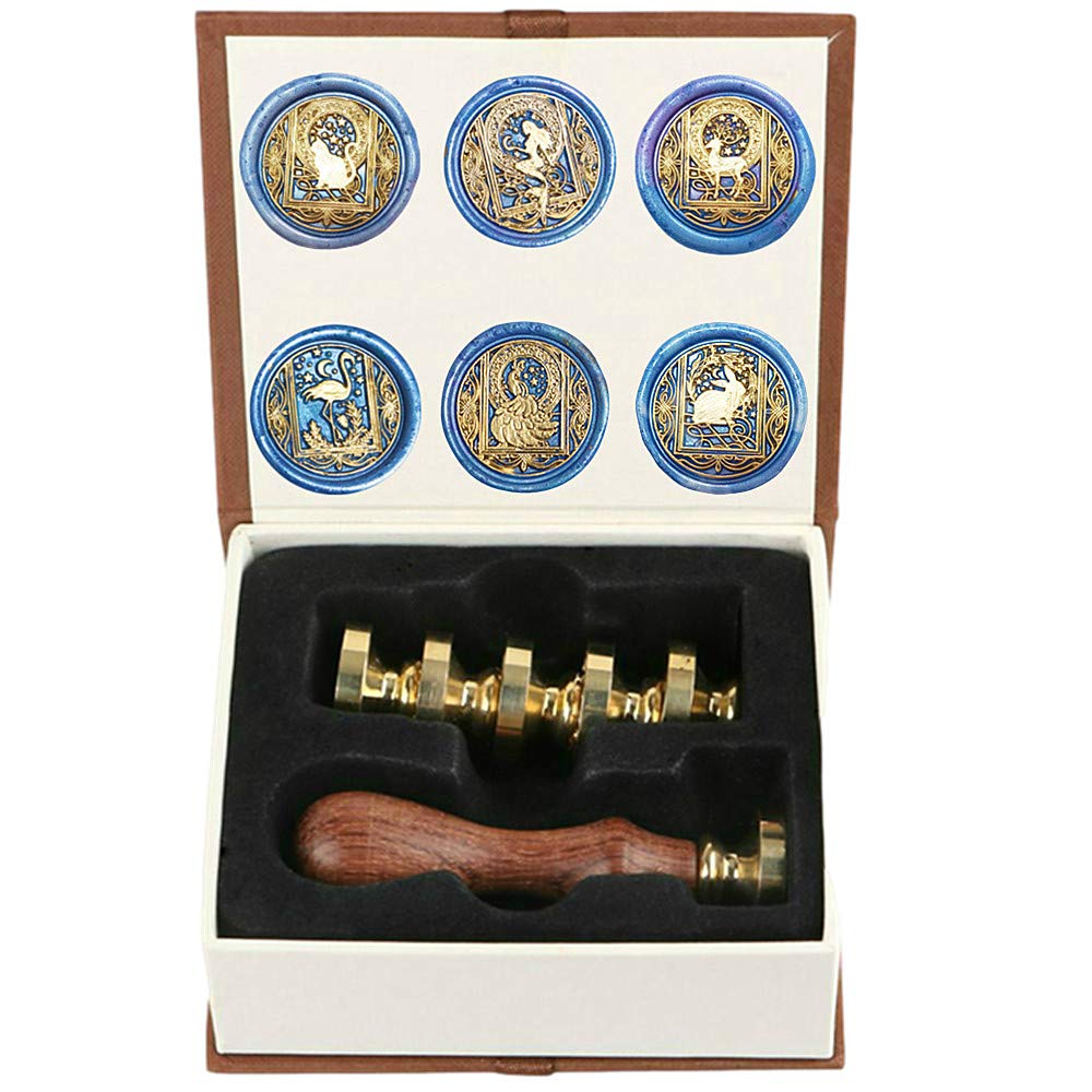Starry Animal Wax Seal Stamp Set with 6 PCS Removable Brass Heads and 1 Wooden Handle - Retro Vintage Cat Deer Peacock Mermaid Flamingo Rabbit Sealing Wax Stamps