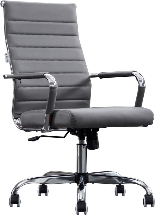 Home Office Chair Ribbed, Modern Leather Conference Room Chairs, Ergonomic Office Desk Chair, High Back Executive Computer Chair, Adjustable Swivel Chair with Arms (Grey)