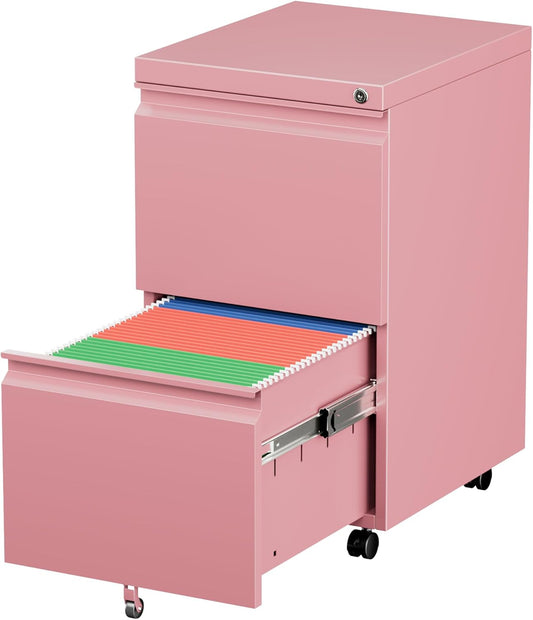 Aobabo 2 Drawer File Cabinet, Lockable Metal Filing Cabinet with Wheels for Home Office, Legal/Letter Size, Fully Assembled Except Wheels, Pink