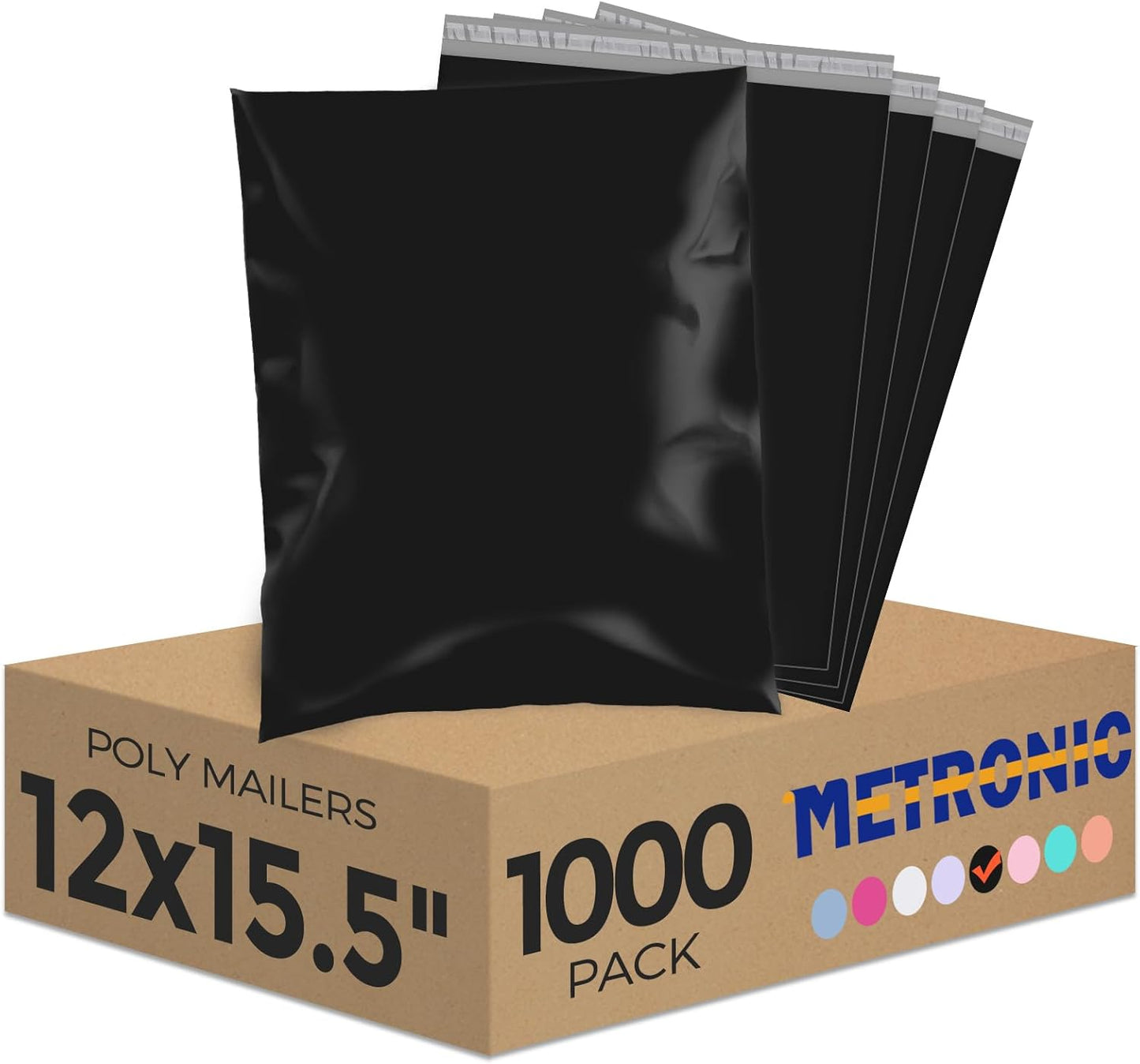 Metronic 1000PC Poly Mailers 12X15.5, Sturdy Shipping Bags for Small Business, Waterproof Mailers Poly Bags, Strong Adhesive Shipping Envelopes for Clothing, Efficient Mailing Envelopes in Black