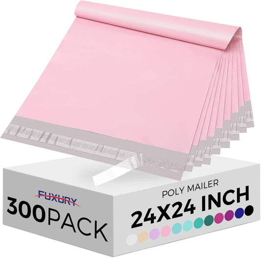 Fuxury Large Poly Mailers 24x24 Inch 300 Pcs, Bulk Shipping Bags for Clothing, Strong Adhesive Shipping Envelopes for Small Business Suppliers,Waterproof Mailers Poly Bags Mailing Envelopes Pink
