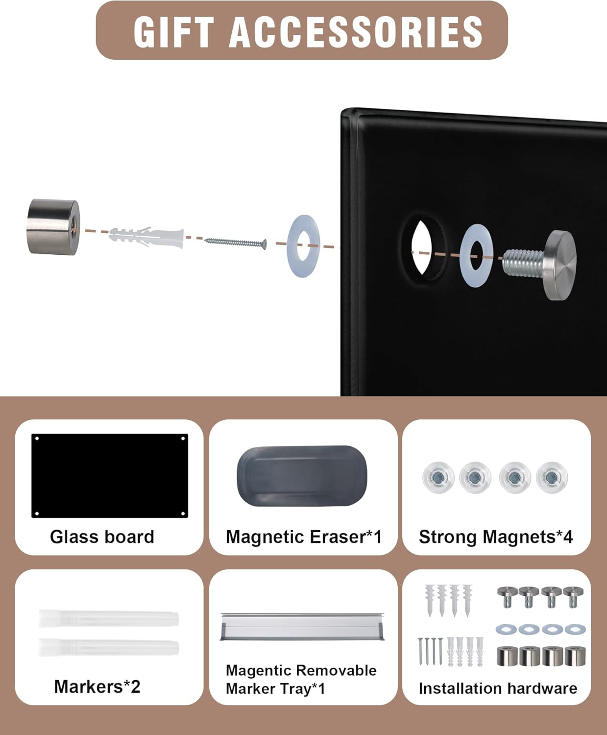 Magnetic Glass Whiteboard，48"x36" Wall Mounted Frameless Dry Erase Board for Office, Home & School Black