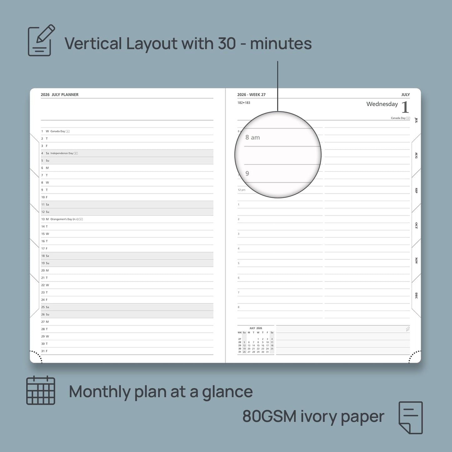 POPRUN 2026 Daily Planner One Page Per Day Even Weekends A4 Large Size (8.5" x 12") - 12 Months Calendar Hourly Appointment Book with Inner Pocket, Pen Holder, Hardcover - Orange