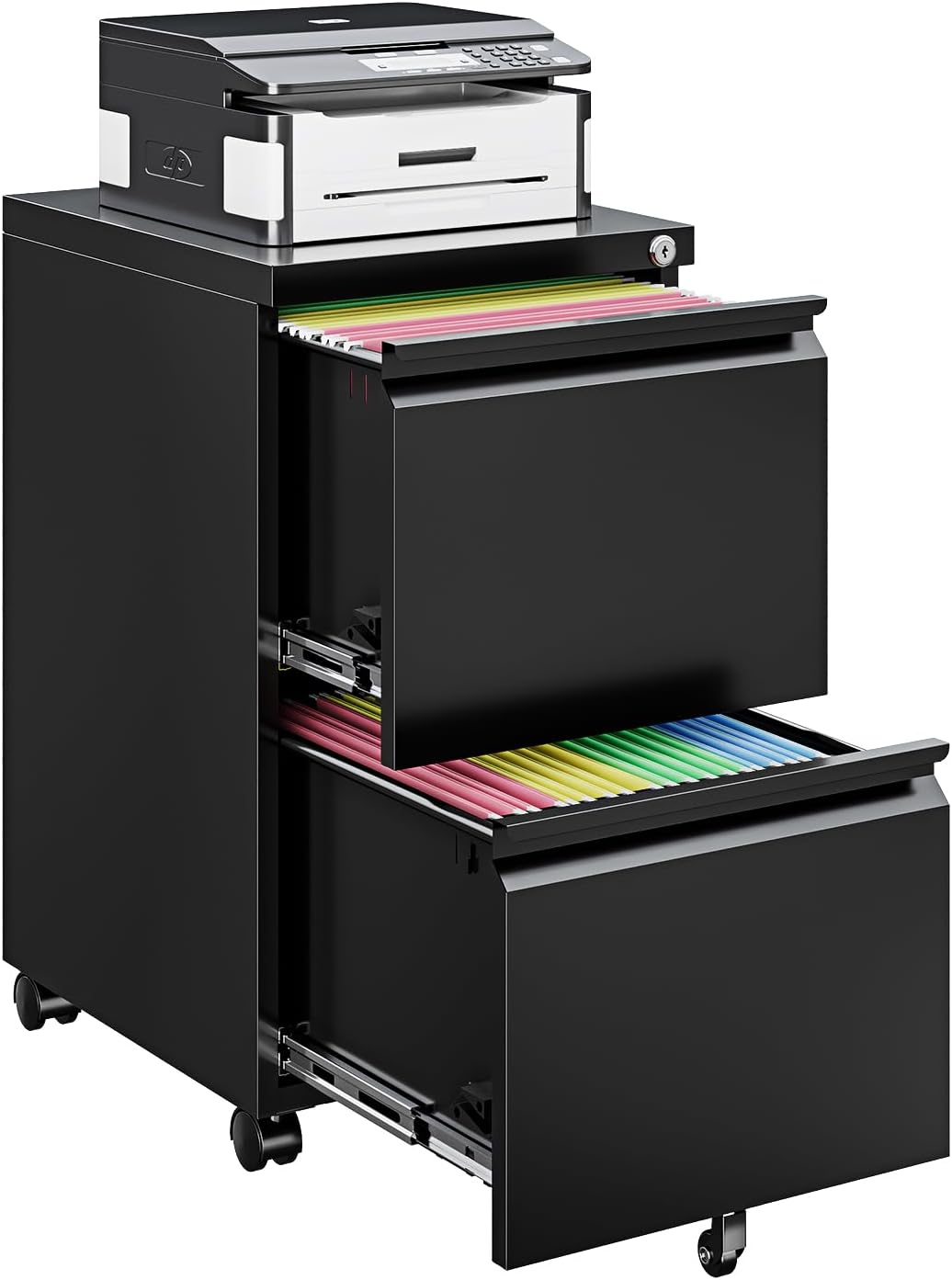 2 Drawer File Cabinet On Wheels Mobile File Cabinet with Lock Under Desk Metal Filing Small Rolling Black Printer Stand for Home Office Assembly Required