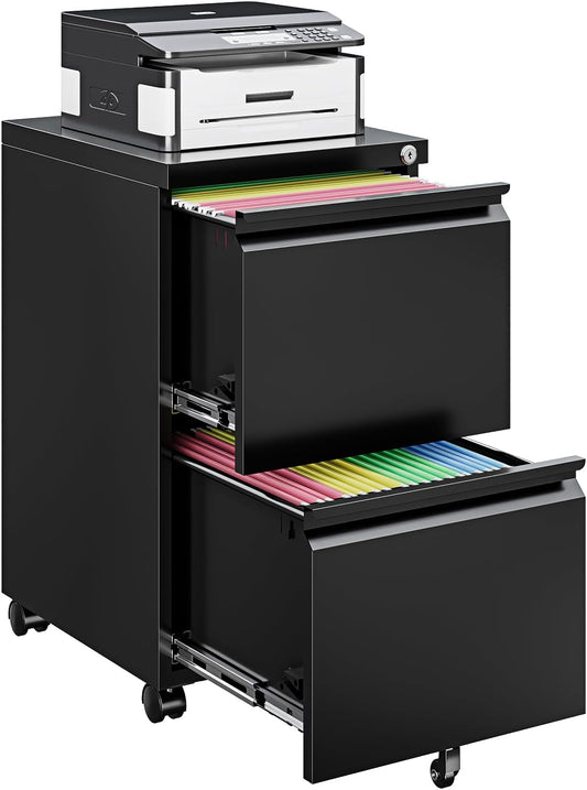 2 Drawer File Cabinet On Wheels Mobile File Cabinet with Lock Under Desk Metal Filing Small Rolling Black Printer Stand for Home Office Assembly Required