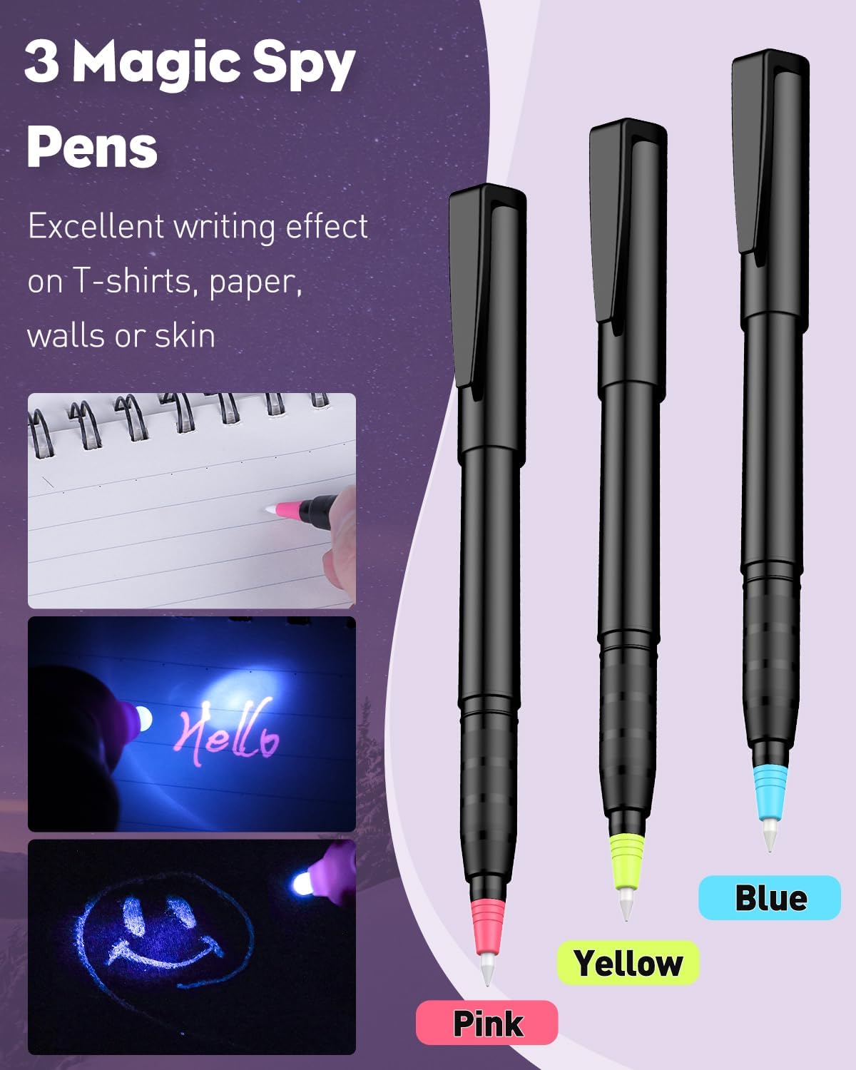 Uniclife 3 Pcs Invisible Ink Pen with 3 Pcs UV LED Keychain Flashlight, Spy Pen, Disappearing Ink Magic Pen for Secret Notes, Magic Spy Marker with Purple Light for Christmas Halloween Holiday Present