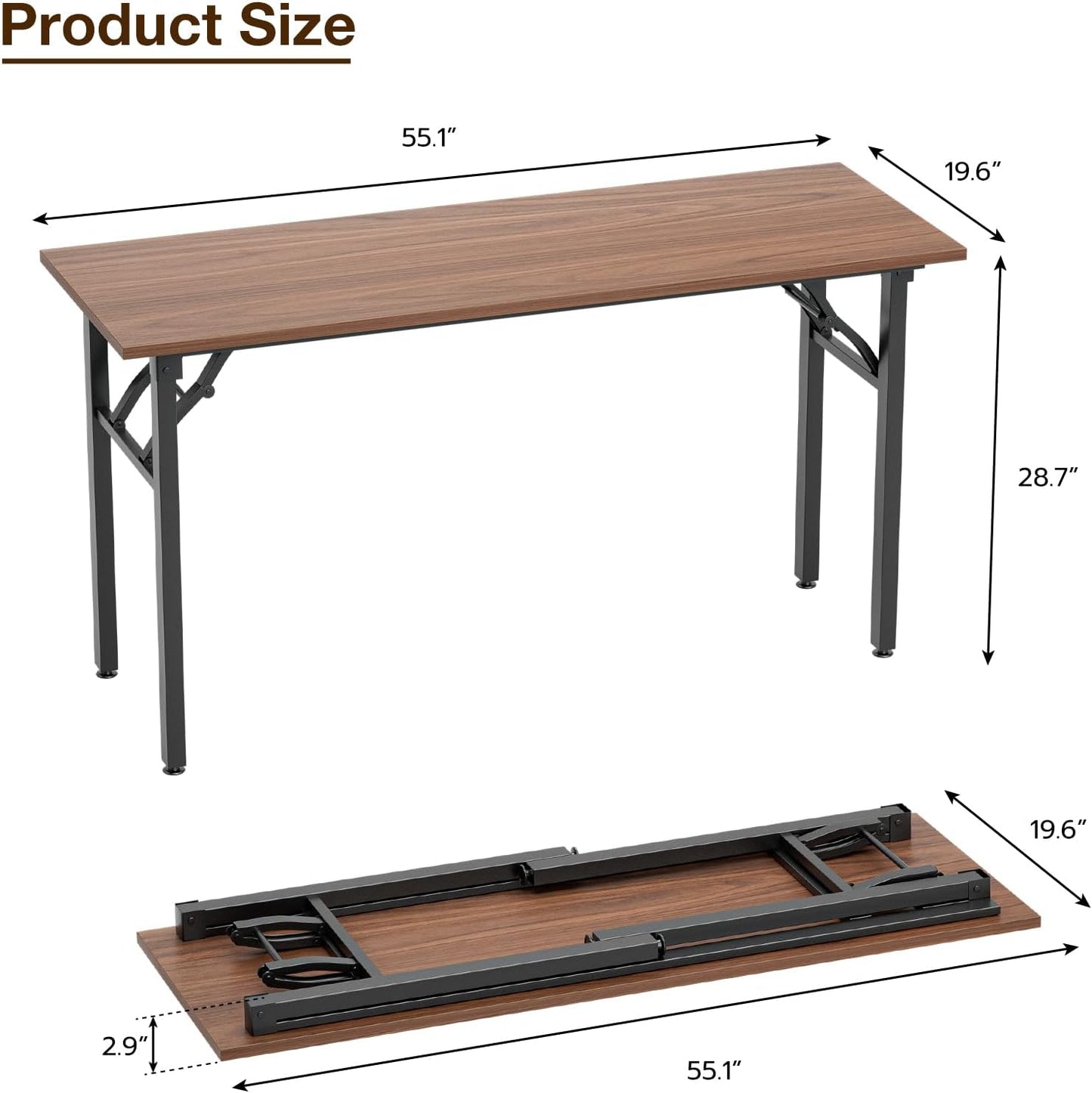TEMI Long Computer Desk Folding Table - 55.1" Foldable Office Desk, No Assembly, Perfect Writing Table for Bedroom, Dorm, or Apartment, Portable Large Desk or Study Table with Compact Design, Walnut