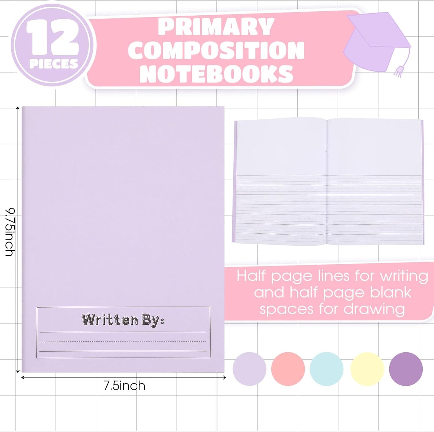 Henoyso 12 Pcs Primary Composition Notebook K-2 9 3/4 x 7 1/2 Inch Primary Journal, Back to School Supplies, Bulk Blank Writing Book for Kid to Write Draw Journal 60 Page Notebooks (Soft Color)