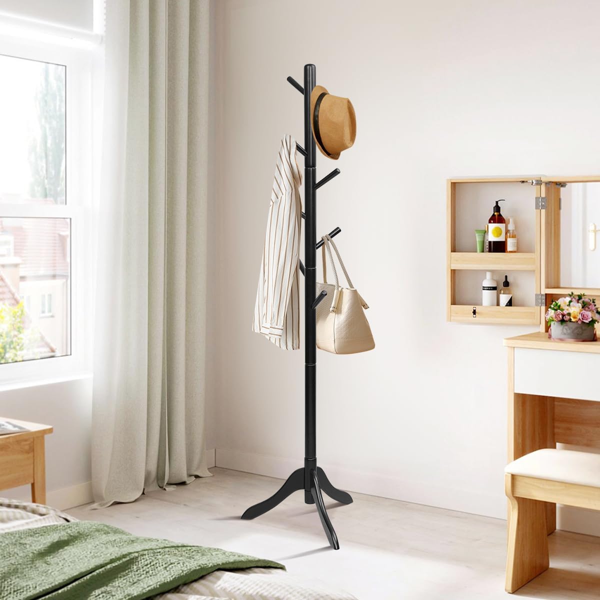 Tangkula Wooden Tree Coat Rack Freestanding, Entryway Coat Stand with 8 Hooks, Height Adjustable Coat Tree, Coat Hanger Stand for Home Office Hall Entryway