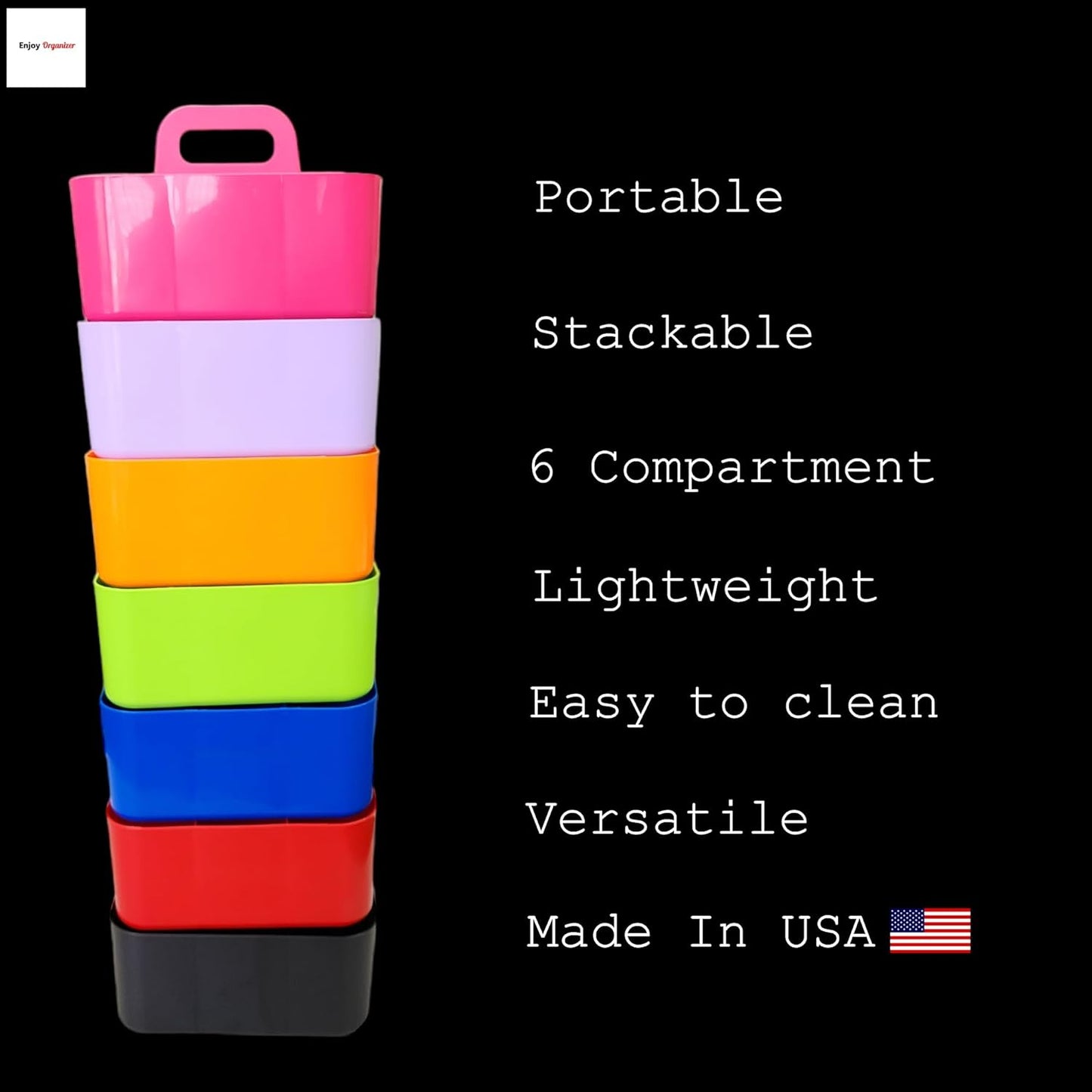 2 Pack Small 6 Compartment Multiuse Caddy Organizer with Handle Art Craft Supplies, Office, Desk, Stationery Pen Holder Stackable- Made In USA (Red/Blue)