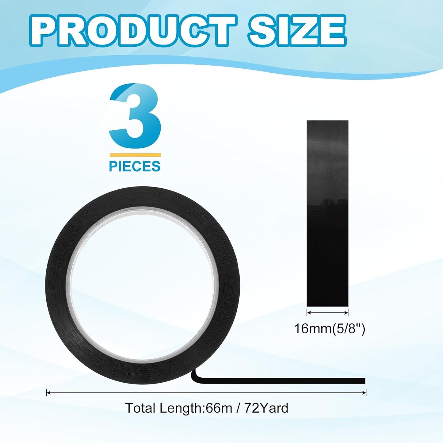 MECCANIXITY Whiteboard Tape 5/8" x 72 Yard Pinstripe Graphic Chart Line Grid Marking Tapes for Classroom Office Dry Erase Board Art, Black, Pack of 3