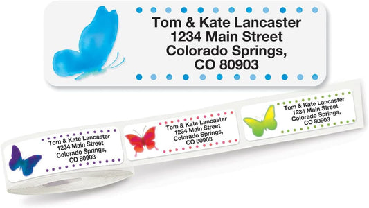 Watercolor Butterflies Rolled Personalized Return Address Mailing Labels with Dispenser, Set of 500, 5 Designs, Small ¾ x 2½ Inch Size, Custom Self-Adhesive Sticker Roll, by Colorful Images