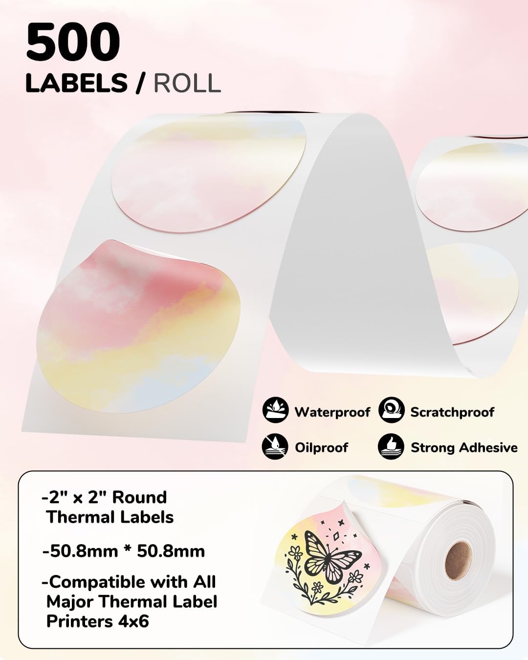 2 Inch Round Thermal Labels, 500PCS Color Thermal Sticker Label, Self-Adhesive Stickers for Small Business Supplies, DIY, Name Tag, Compatible with All Shipping Label Printer, 500 Labels/Roll