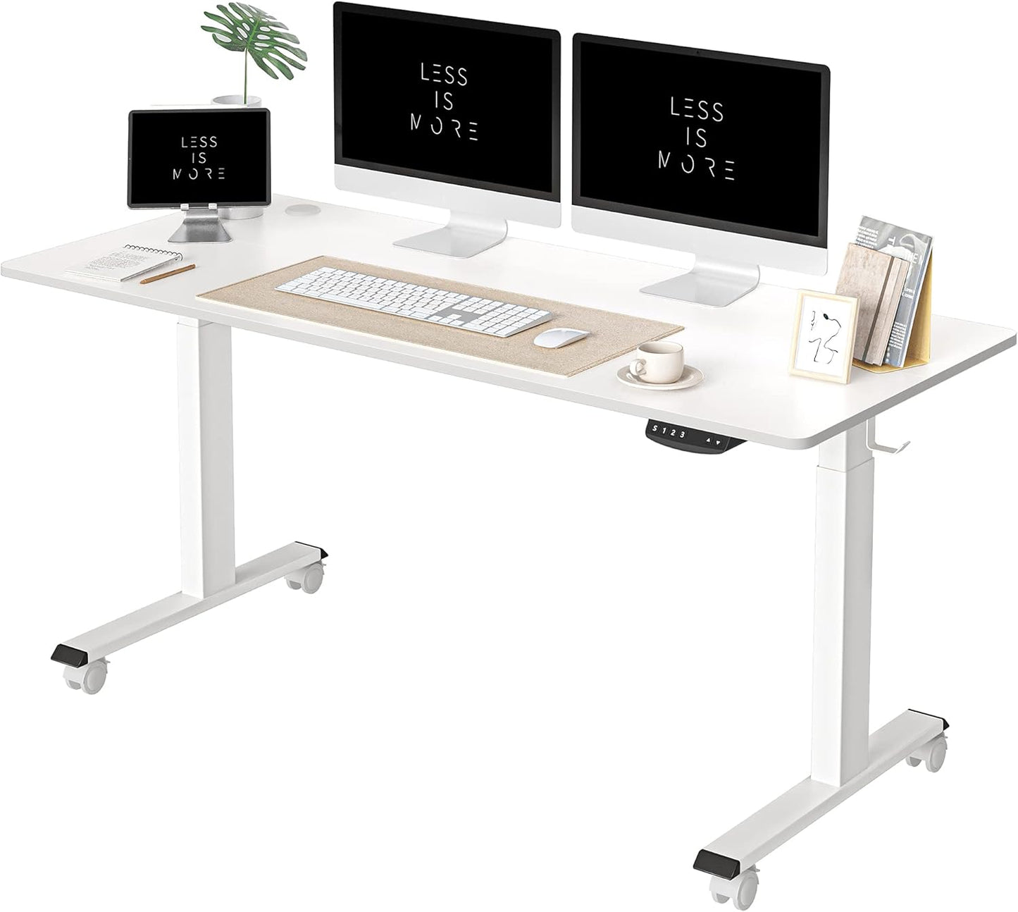 FEZIBO One-Piece Standing Desk Adjustable Height Stand up Home Office Desk, 55x24 Inch Electric Standing Computer Desk, with 4 Memory Presets, Fixable casters, White