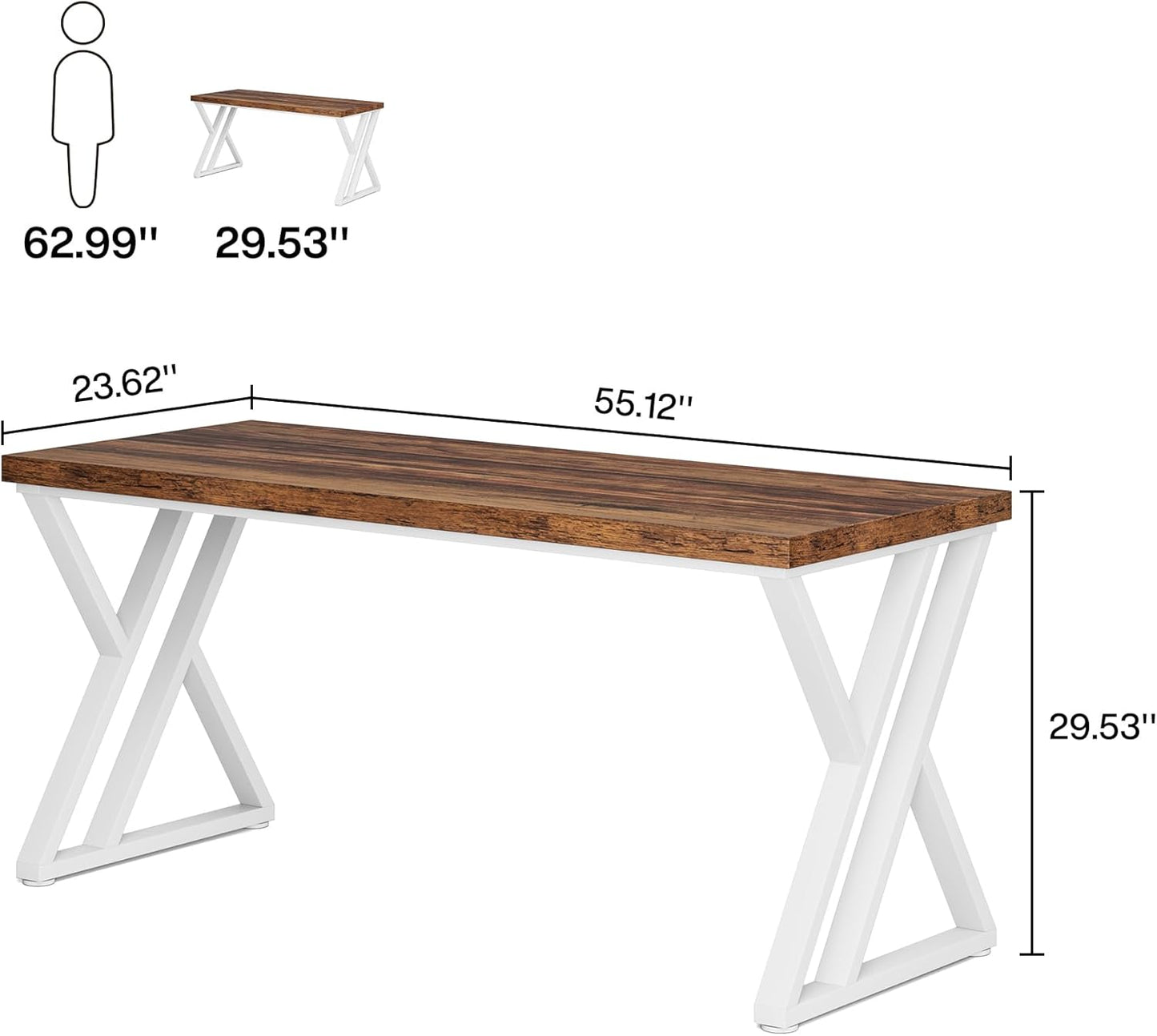 Tribesigns Modern Walnut/White 55" Heavy Duty Computer Desk, Study & Work Desk, 23.6"D x 55.1"W x 29.5"H, Z-Shaped Metal Legs, 330 lbs Capacity