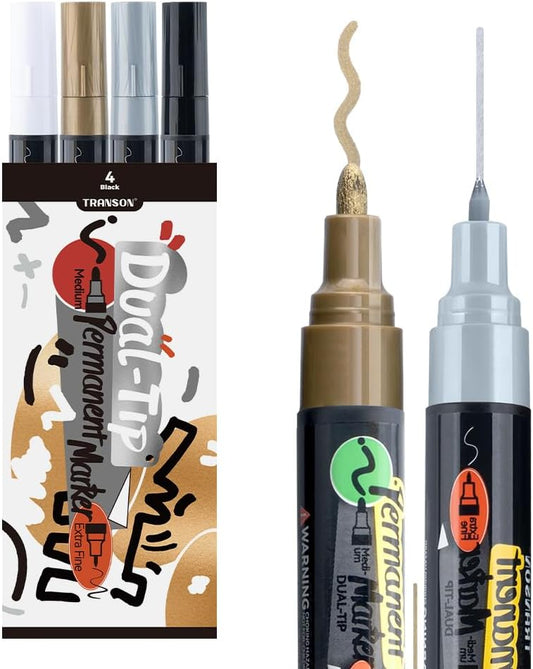 TRANSON 4 Colors Dual-tip Permanent Paint Markers Oil Based Waterproof
