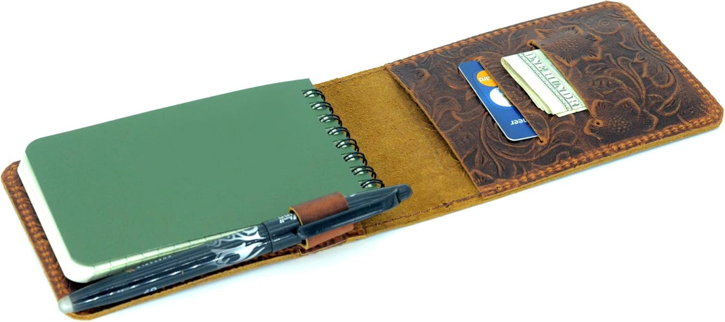 JJNUSA Leather Cover for Rite in the Rain Spiral Notebooks 3" x 5" Distressed Genuine Leather Memo Notebook Cover for Pocket Notebook 3 x 5 Flower Brown