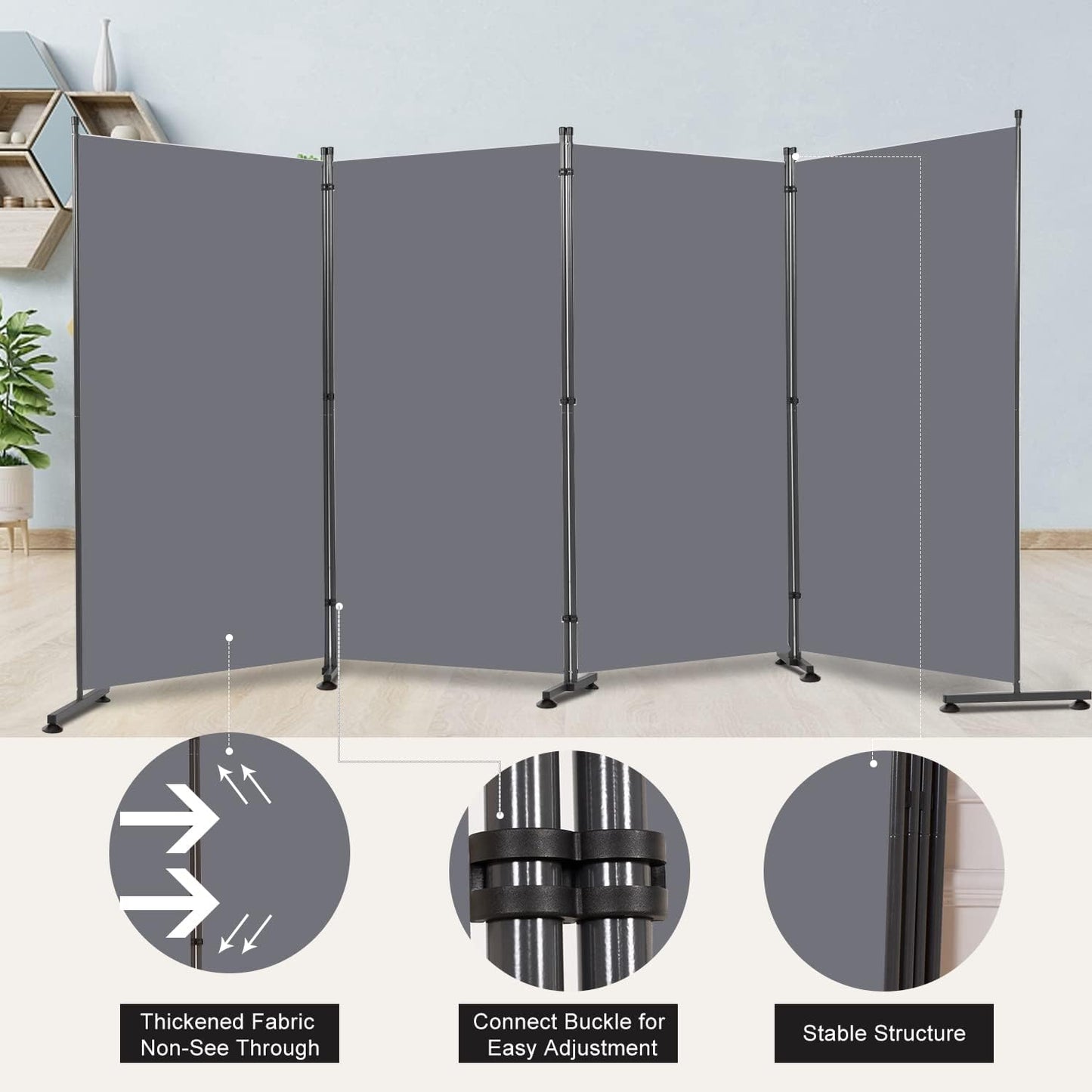 Room Divider 6FT Folding Privacy Screens, Partition Room Dividers w/Freestanding Design, Portable Wall Divider for Room Separtation, Fabric Screen Panel for Home Office Dorm (Grey, 4 Panel-Round Pad)