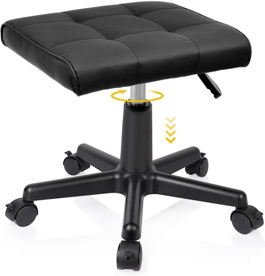 Real Leather Tall Foot Stool, Adjustable Leg Rest Ottoman Footrest with Wheels & Thick Padding, Ergonomic Footrest for Office & Gaming Chairs - Height 14.6-19.6 Inch, Lockable 360-Degree Casters