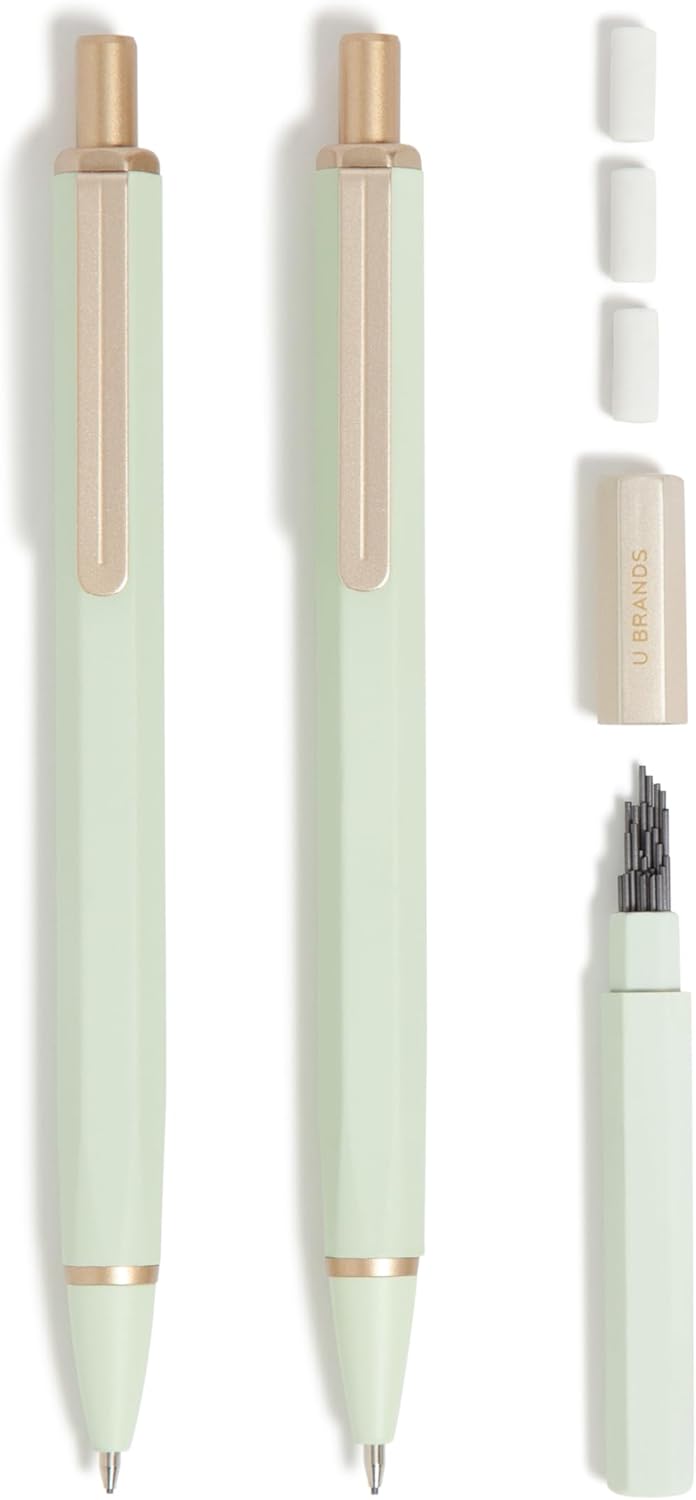 U Brands Cambria Mechanical Pencils, Set of 2, Sage Green, Soft Touch, Medium (0.7 mm) Point, Lead and Eraser Refills