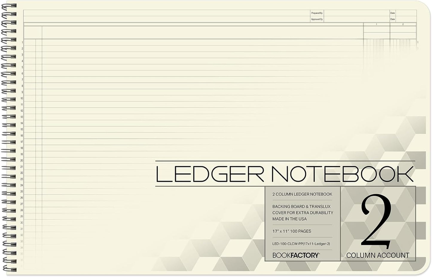 BookFactory Accounting Ledger Notebook/Large 2 Column Accounting Ledger Columnar (Two Columns) Log Book - 17'' x 11'', 100 Pages, Wire-O Landscape Format (LED-100-CLCW-PP(17x11-Ledger-2)-AX)
