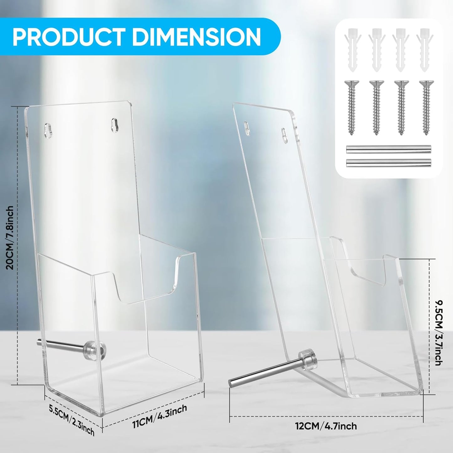 Acrylic Brochure Holder Wall Mount or Countertop Display Stand – Clear Pamphlet & Literature Organizer Fits Trifold Flyers, Menus, Leaflets for Office, Shop, Hotel, Classroom, Reception Desks (4 Pack, 4.3 x 7.8 inch)