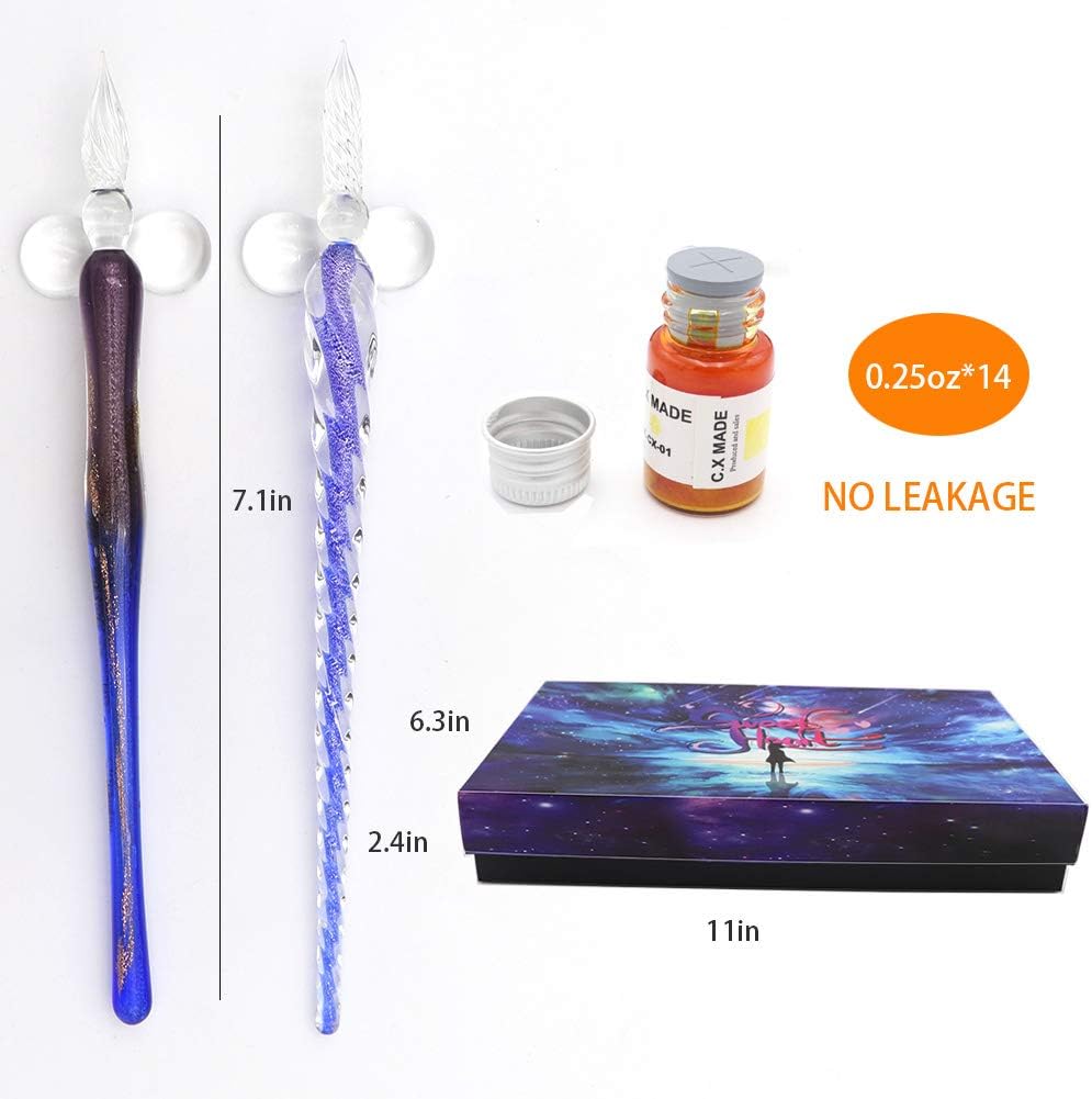 AXEARTE Glass Dip Calligraphy Pen Set, 18-Pieces 14 Color Inks, Pen Holder, Cleaning Cup, 2 Crystal Glass Pens for Art, Writing, Drawing, Signatures, Gift for Kids and Artist