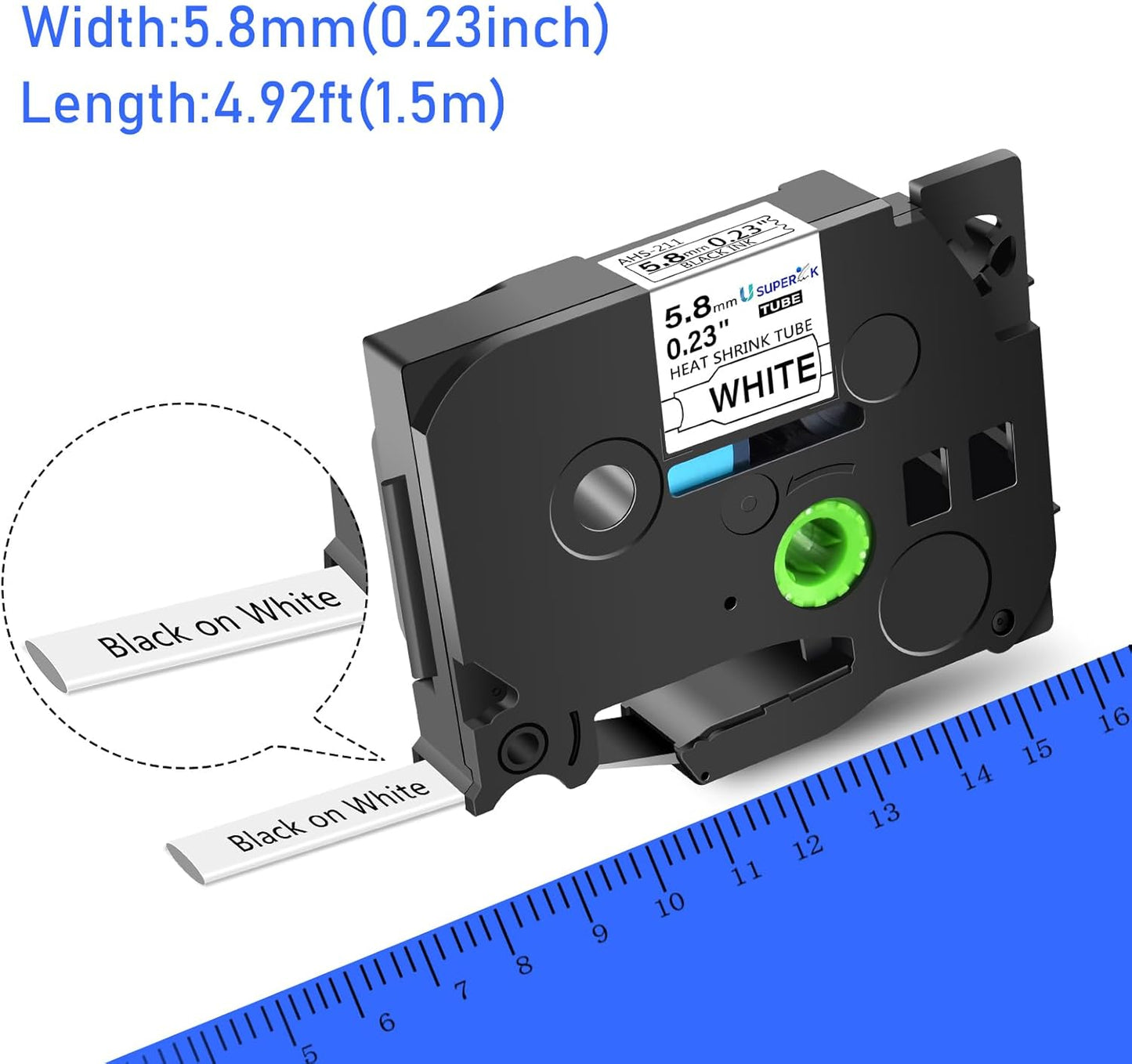 10PK Compatible for Ptouch HSe-211 HSe211 HS-211 HS211 Black on White 5.8mm 0.23'' Heat Shrink Tubing for Wire Cable for PT300 PT-300B PT310 PT310B PT320 Label Maker Tape