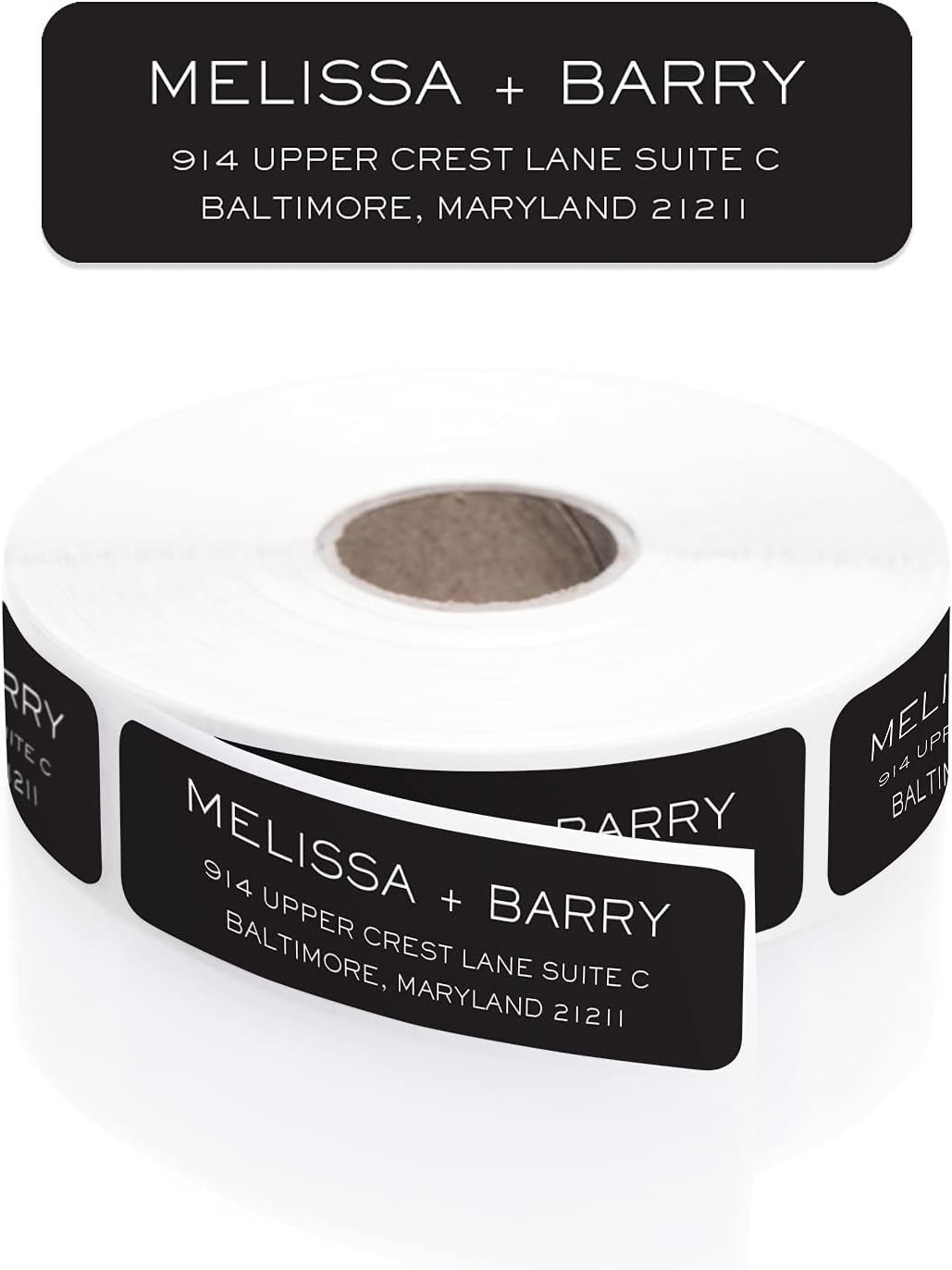 Striking Black Modern Rolled Address Labels/Roll of 500 Personalized Address Labels/Designer Return Address Stickers in Elegant Plastic Dispenser