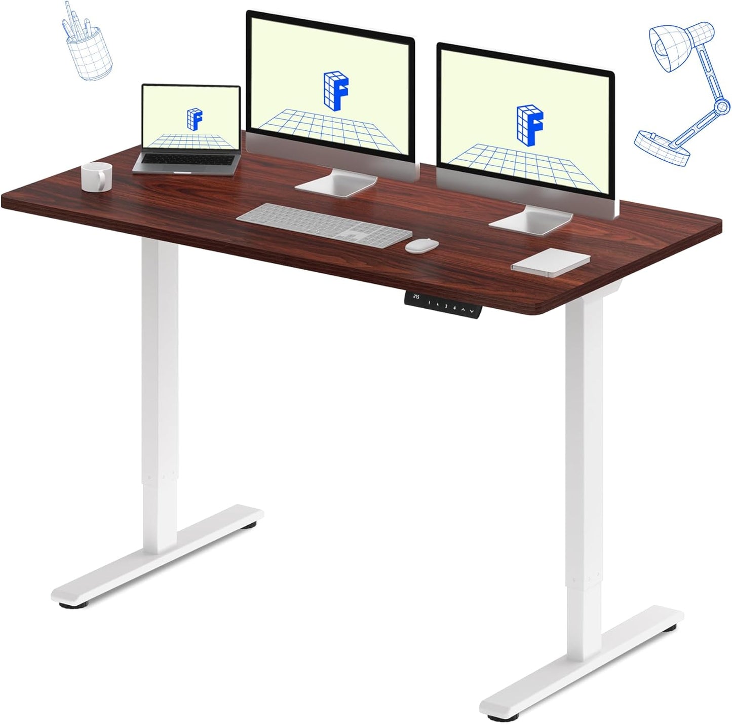 FLEXISPOT E3 Dual Motor Electric Standing Desk 60x24 Inch Whole-Piece Board Height Adjustable Electric Sit Stand Desk (White Frame + Mahogany Desktop, 2 Packages)