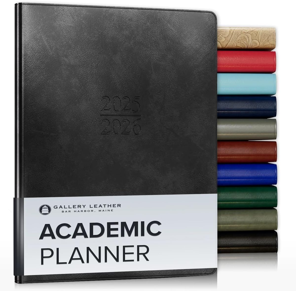 Gallery Leather Academic Planner 2025-2026, Teacher and Student Weekly Monthly Planner, Elegantly Bound Calendar with Gold-Gilded Page Edges, 18 Months - Acadia Black - 9x7"