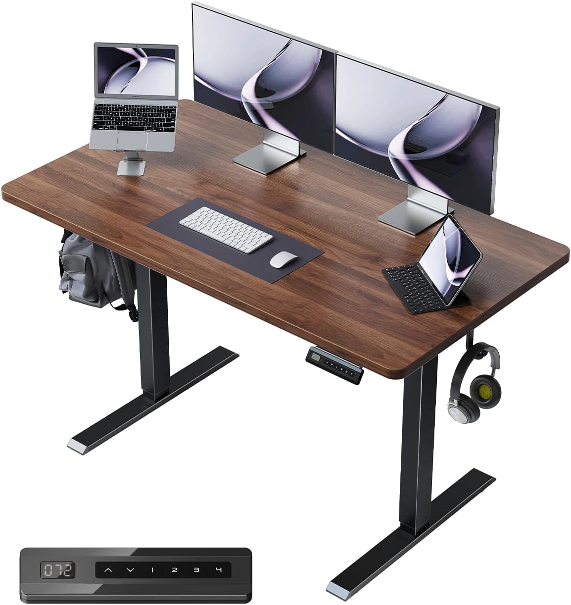 FEZIBO One-Piece Standing Desk Adjustable Height Stand up Home Office Desk, 48x24 Inch Electric Standing Computer Desk, with 4 Memory Presets, Fixable casters, Black Walnut