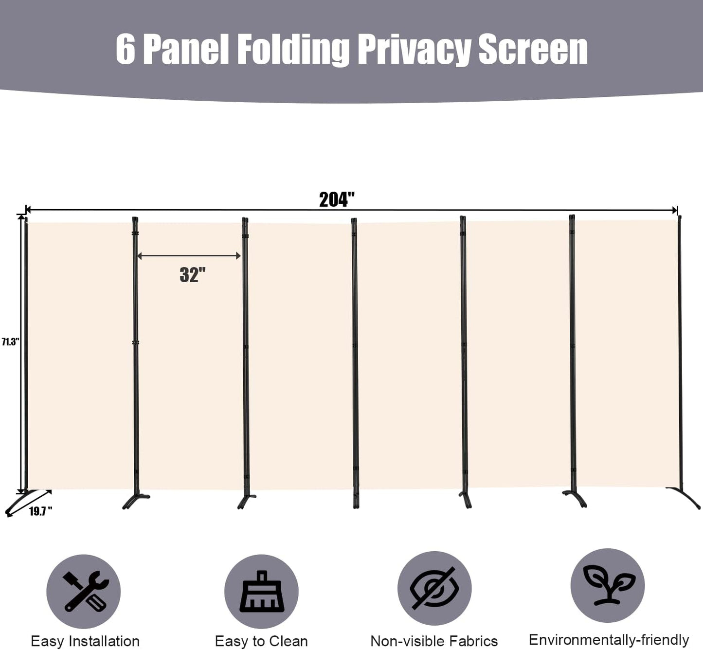 Room Divider 6FT Folding Privacy Screens, Partition Room Dividers w/Freestanding Design, Portable Wall Divider for Room Separtation, Fabric Screen Panel for Home Office Dorm (Beige, 6 Panel)