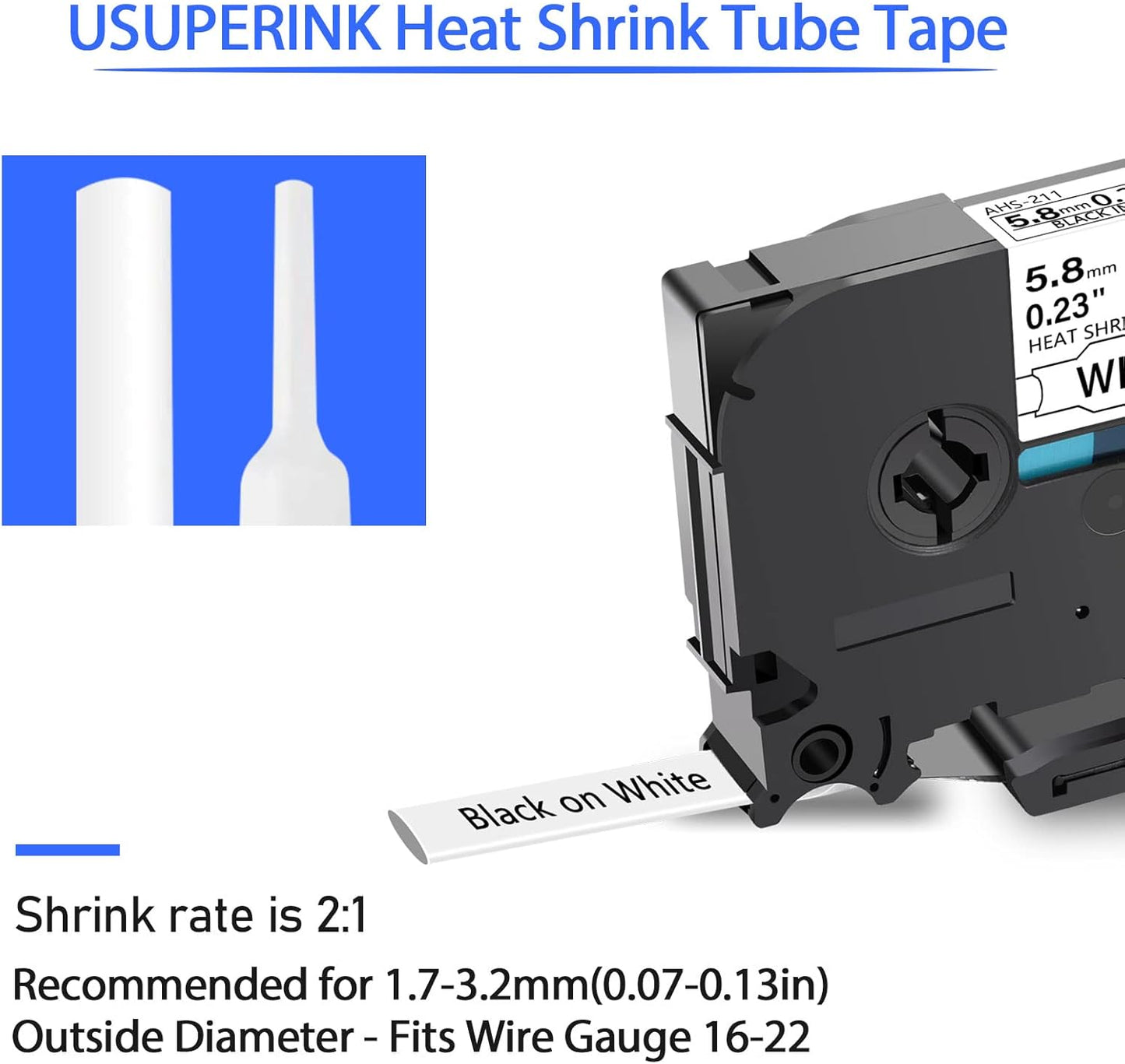 10PK Compatible for Ptouch HSe-211 HSe211 HS-211 HS211 Black on White 5.8mm 0.23'' Heat Shrink Tubing for Wire Cable for PT300 PT-300B PT310 PT310B PT320 Label Maker Tape