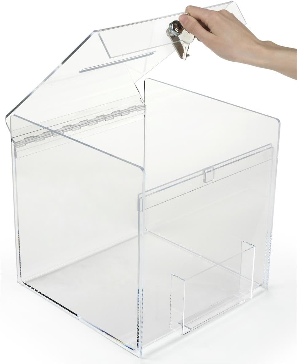 12 inch Cube Ballot Box, Suggestion Box with Key Lock and Side Pocket, Security Pen Included - Clear Acrylic