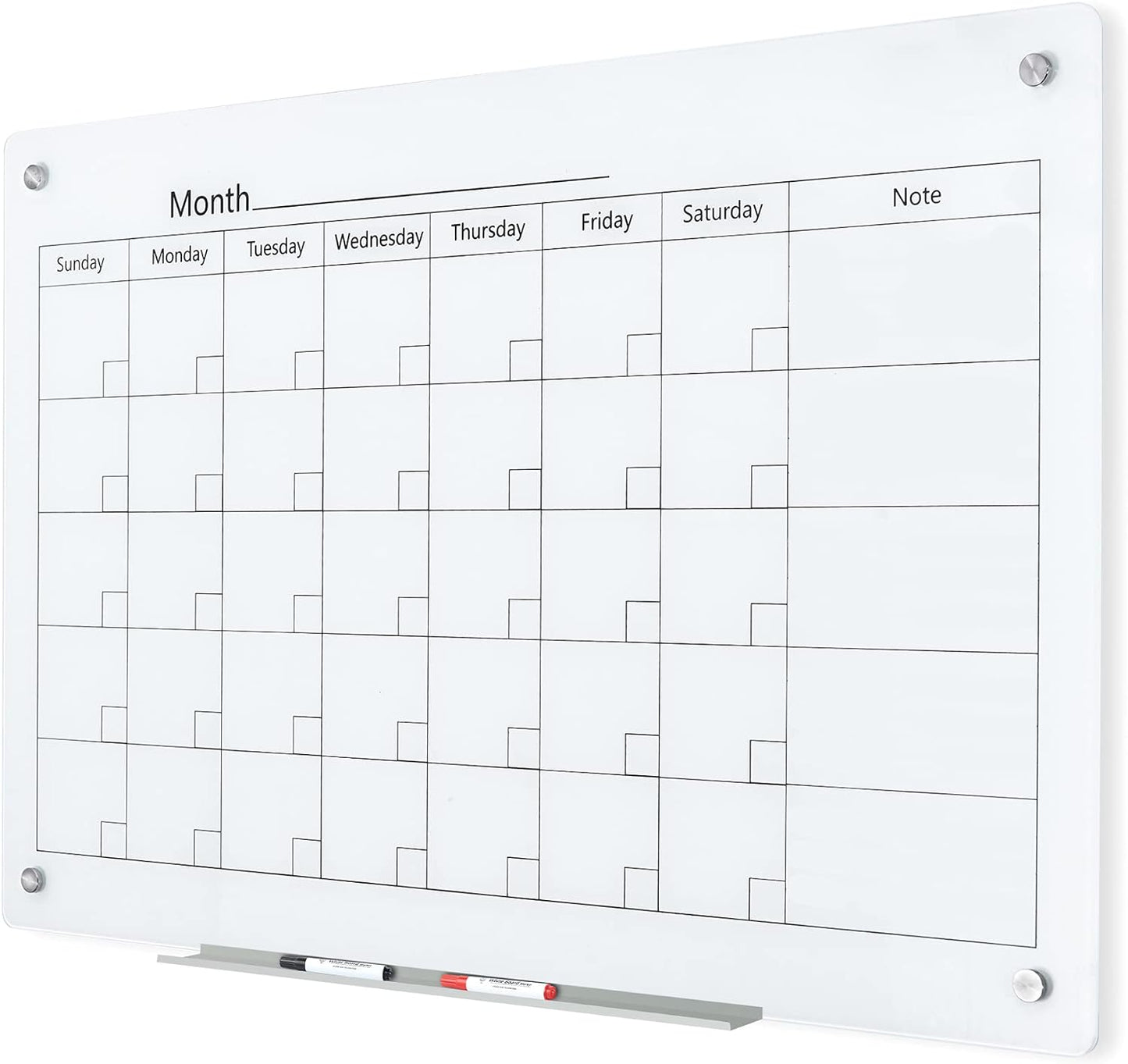 J&J worldwide Magnetic Whiteboard Calendar, 3' x 2' Glass Wall Calendar Dry Erase Board Monthly Planner for Home, School, Office, Frameless, with Markers, Marker Tray, Eraser, Magnets, 35 x 23 Inches