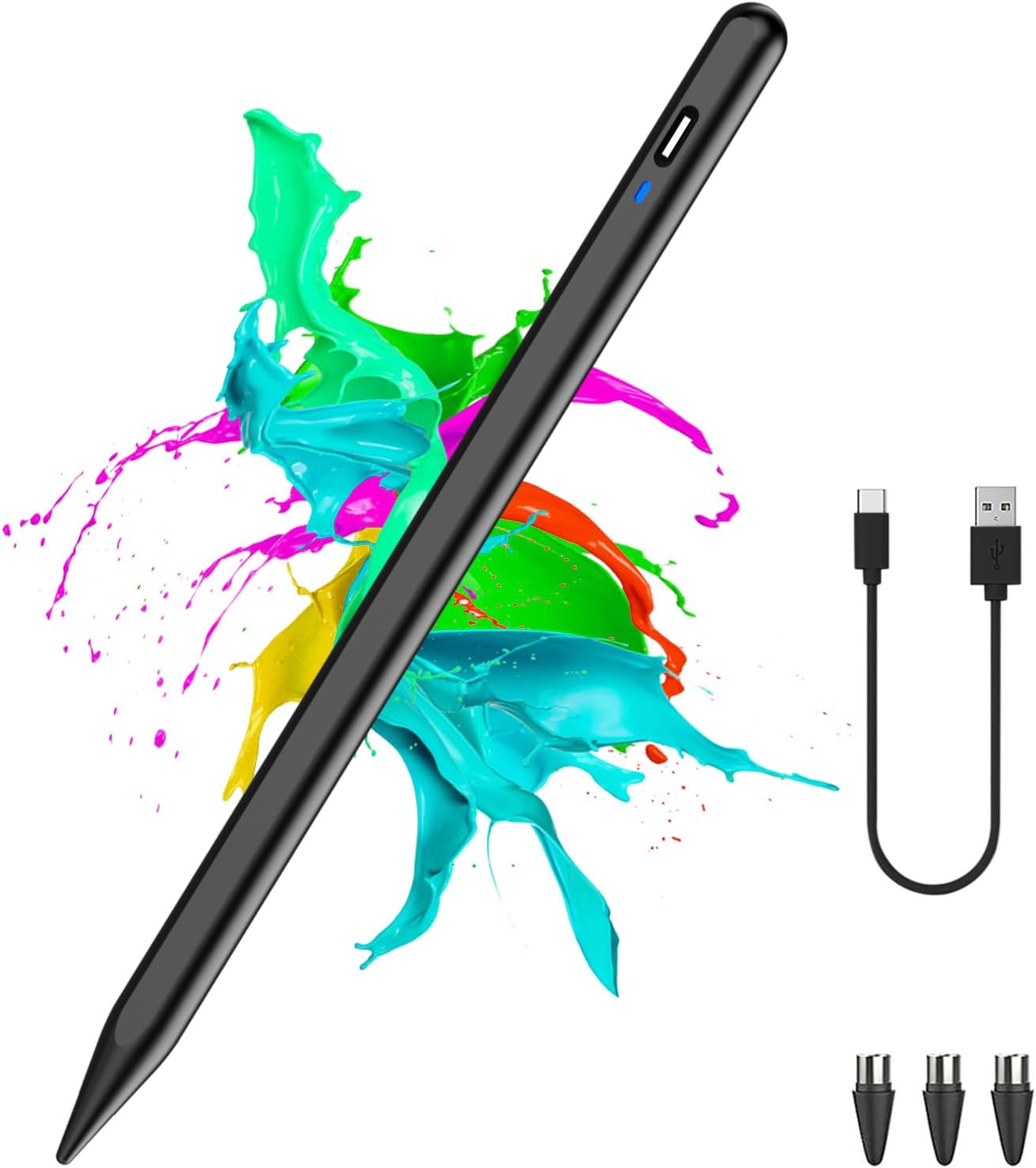 Stylus Pen for Android Tablet, Pom Tip Tablet Pencil for iOS/Android,Rechargeable Active Stylus Pen for iPhone/Samsung/XiaoMi/Huawei/Vivo/Lenovo/Pixel and Other Android Smartphones and Tablets-Black