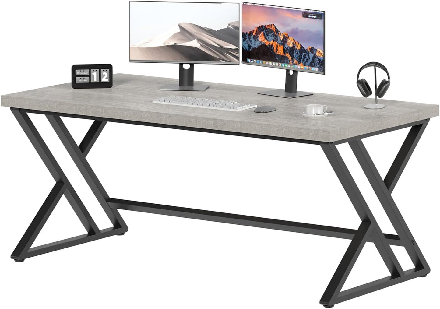 LVB Large Home Office Desk, Long Industrial Computer Desk, Metal Wood Writing Study Computer Table for Student, Big Modern Executive Simple Gaming Work Desk for Bedroom, Light Grey, 60 Inch