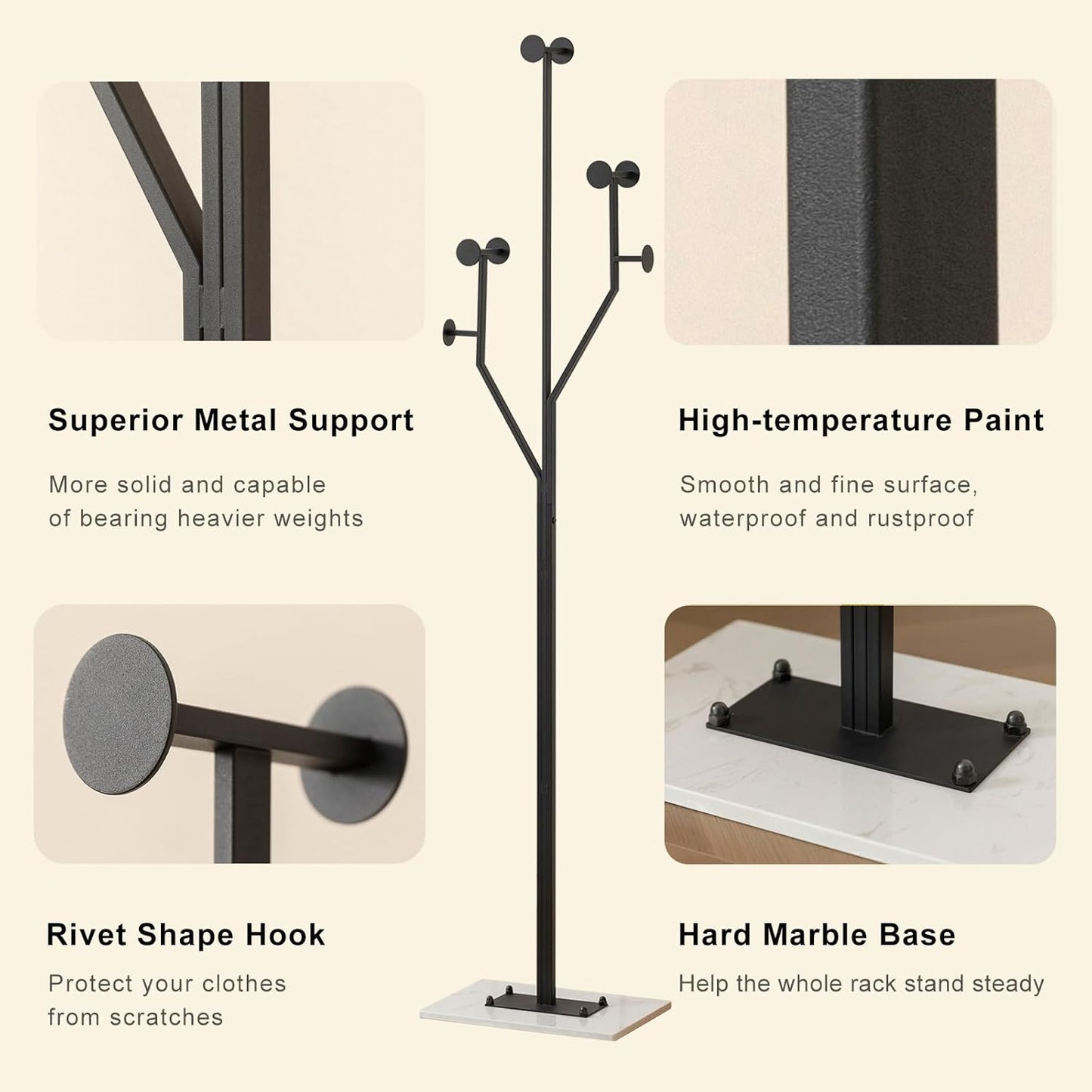 Heavy Duty Coat Rack Tree-shaped Metal Freestanding Coat Tree with Sturdy Marble Base Corner Coat Rack for Bedroom Entryway Hallway 14.96 x 10.24 x 68.9 Inches (Black)