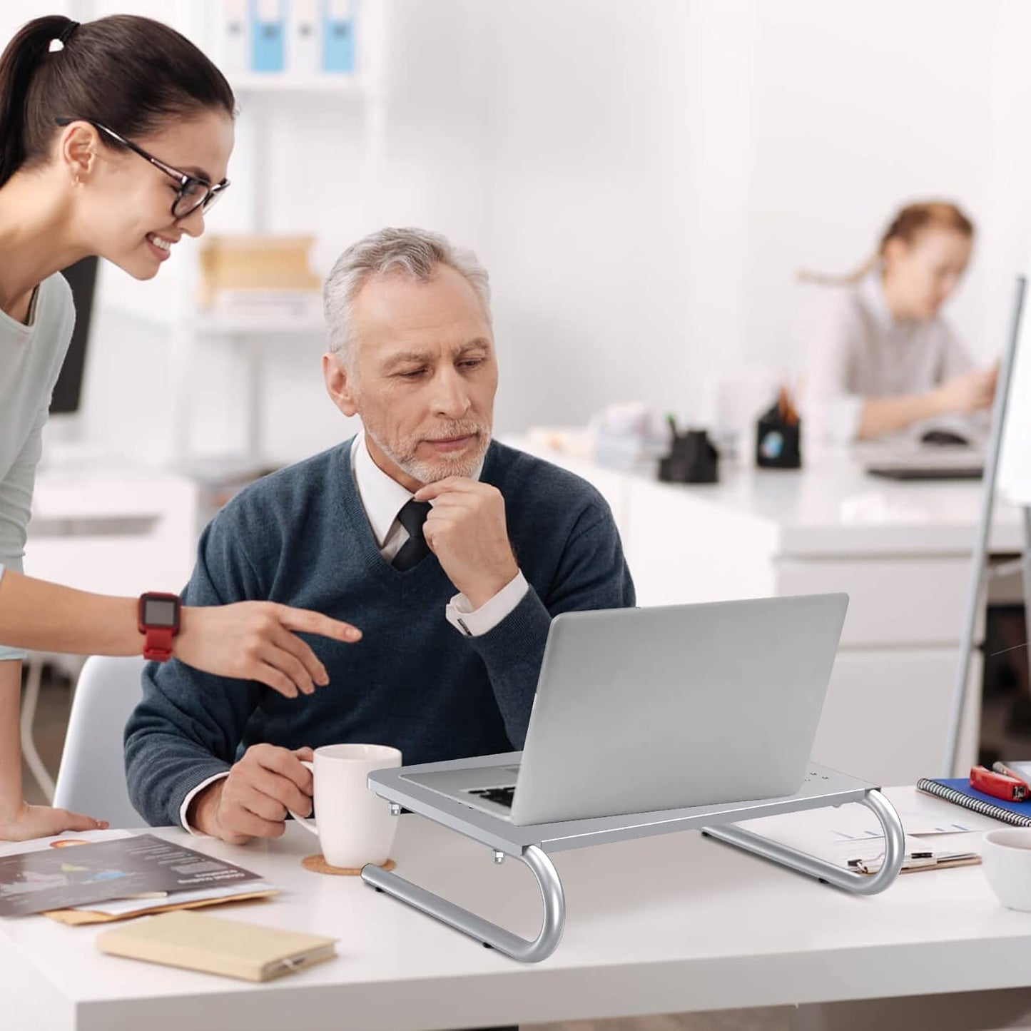 suptek Monitor Stand Riser, Laptop Holder Printer Riser Desk Accessories, Vented Metal Platform and 4 inches Height Underneath Storage for Office Supplies (MST004S-2), 2 Pack, Silver