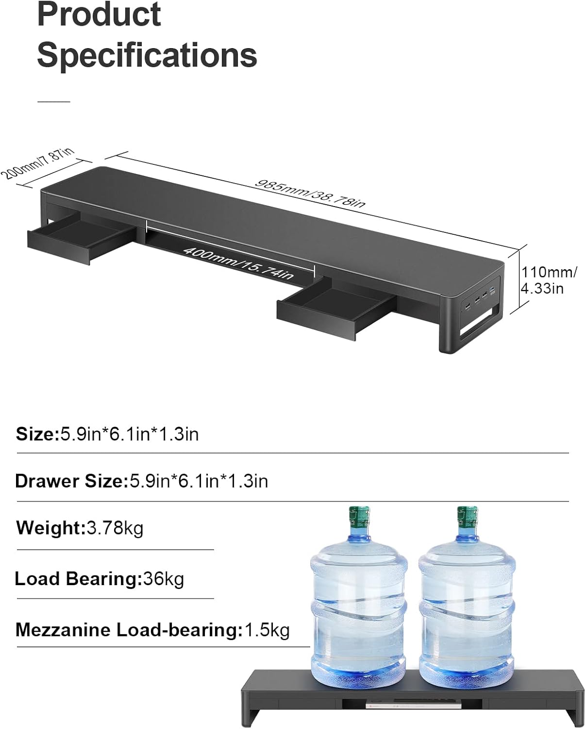 meatanty Dual Monitor Stand Riser with 2 Storage Drawers and 4 USB Ports, Metal Stand for 2 Monitors Supports Data Transfer and Charging, Desk Organizer for PC, iMac (38.7 inches)