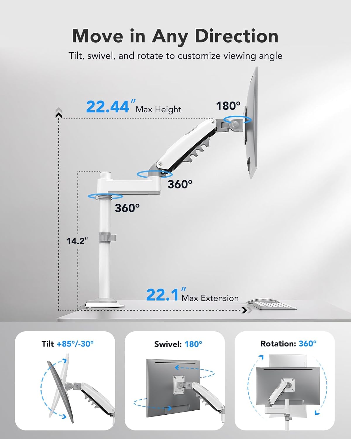 HUANUO Single Monitor Arm, Adjustable Desk Mount for 13-34 inch Screens, Holds 19.8lb, 22.44 inch Max Height, Full Motion Swivel Monitor Stand with VESA 75x75mm and 100x100mm, White