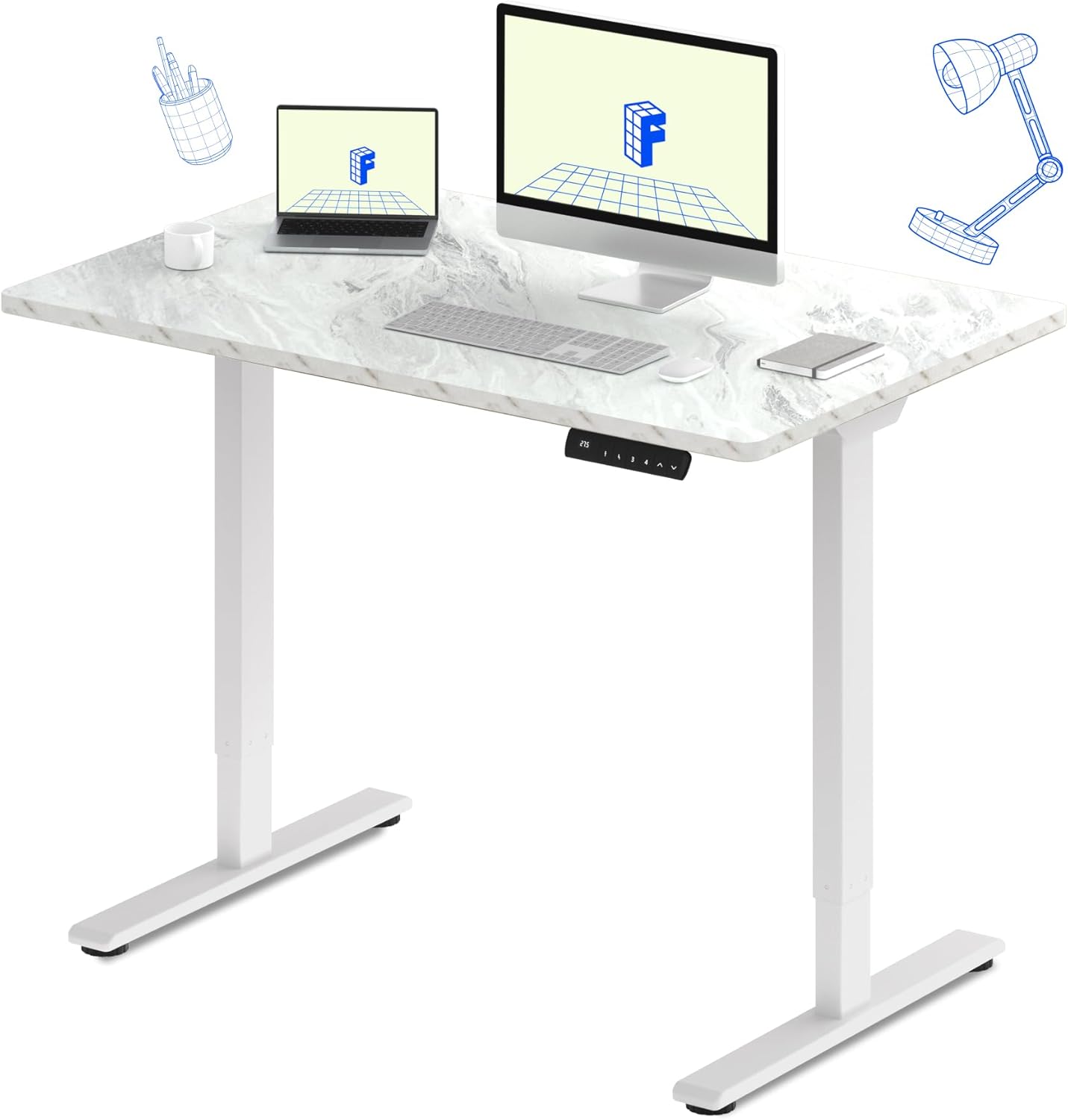 FLEXISPOT E3 Dual Motor Electric Standing Desk 48x30 Inch Whole-Piece Board Height Adjustable Electric Sit Stand Desk (White Frame + Marble Grey Desktop, 2 Packages)