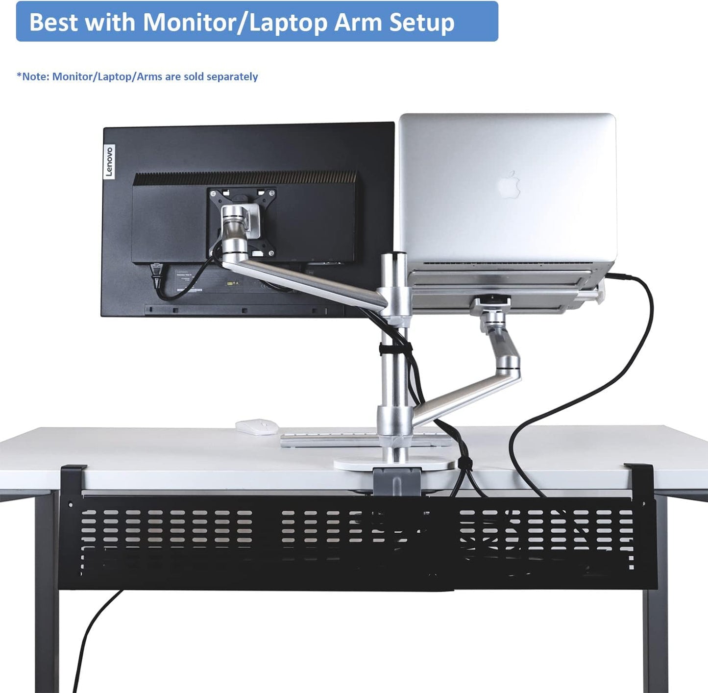 AEONS Under Desk Cable Management Tray Kit - Horizontal Adjustable up to 41” Removable C Clamp Mount Reversible Computer Cord Raceway and Modesty Panel for Large Desk, Black